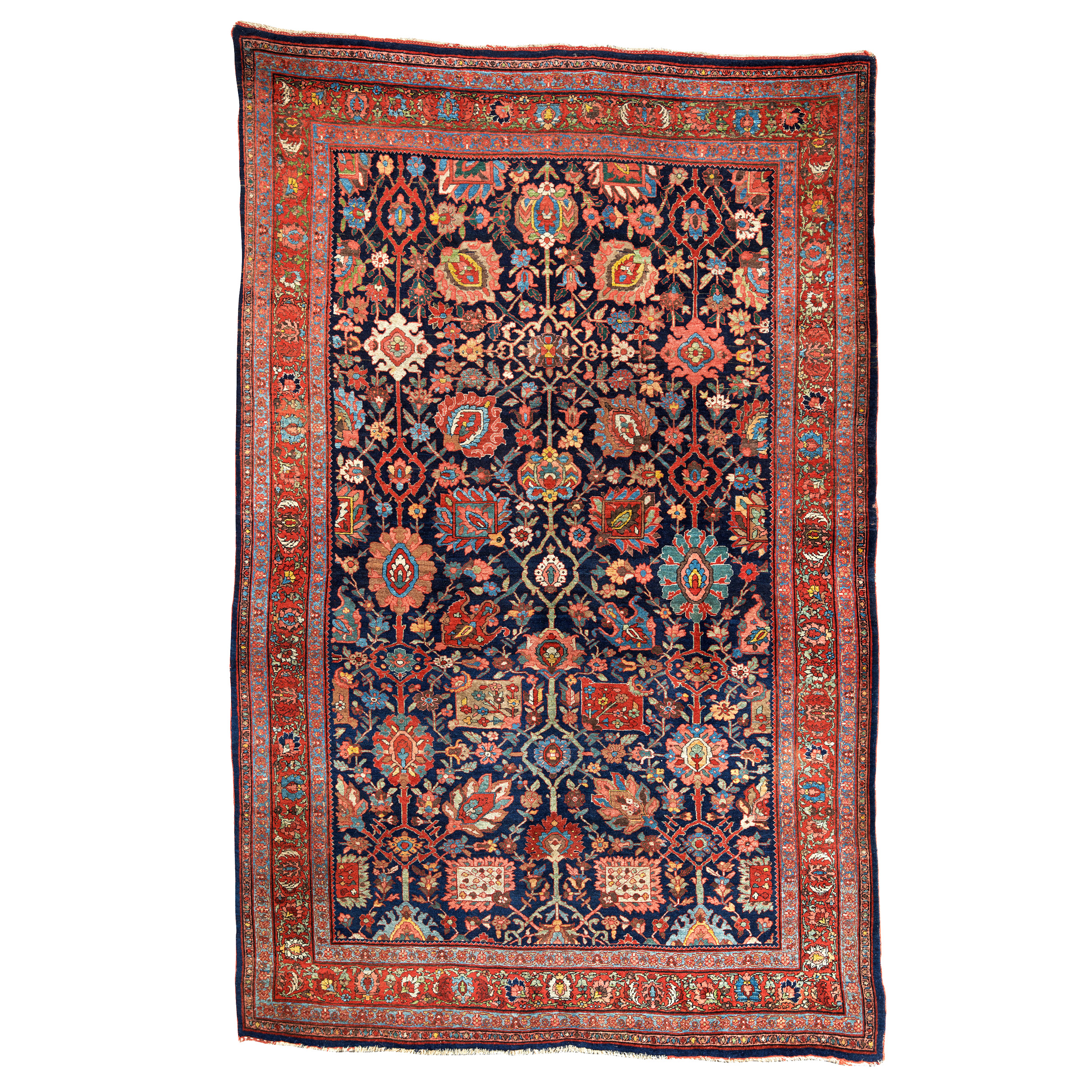 A highly important antique Bidjar rug with a classical "Vase" design on a navy blue field, northwest Persia, Kurdistan province, circa 1900. Douglas Stock Gallery, antique rugs Boston,MA area