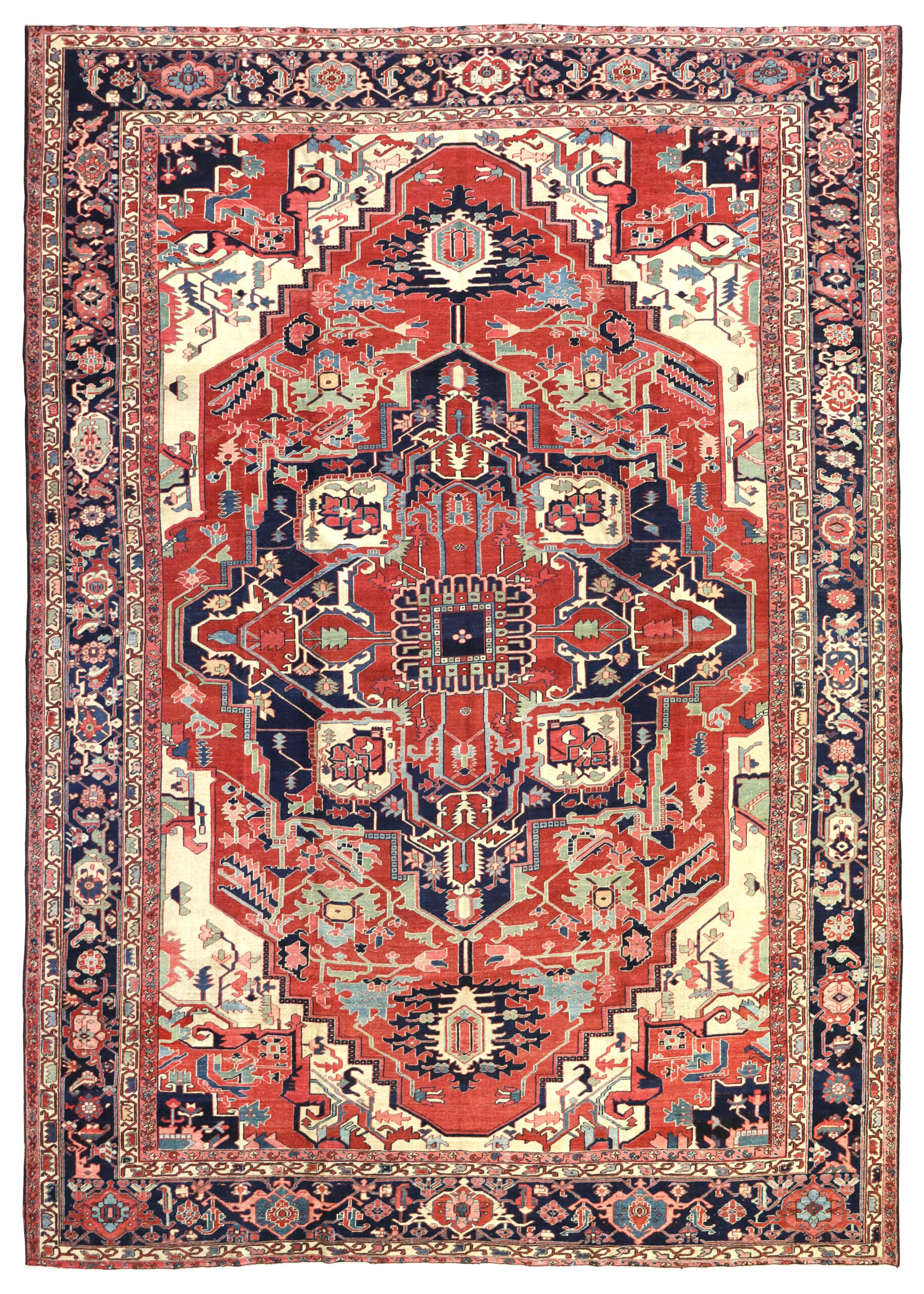 A large antique Persian Heriz Serapi carpet with a navy blue medallion decorating a deep salmon color field that is framed by ivory corner spandrels and a navy blue Turtle design border, northwest Persia, Azerbaijan province, circa 1890 - Douglas Stock Gallery, antique Persian carpets Boston, Cambridge, Belmont, Lexington, Concord, Weston, Newton, Brookline, Wellesley, South Natick,MA area antique Oriental rugs