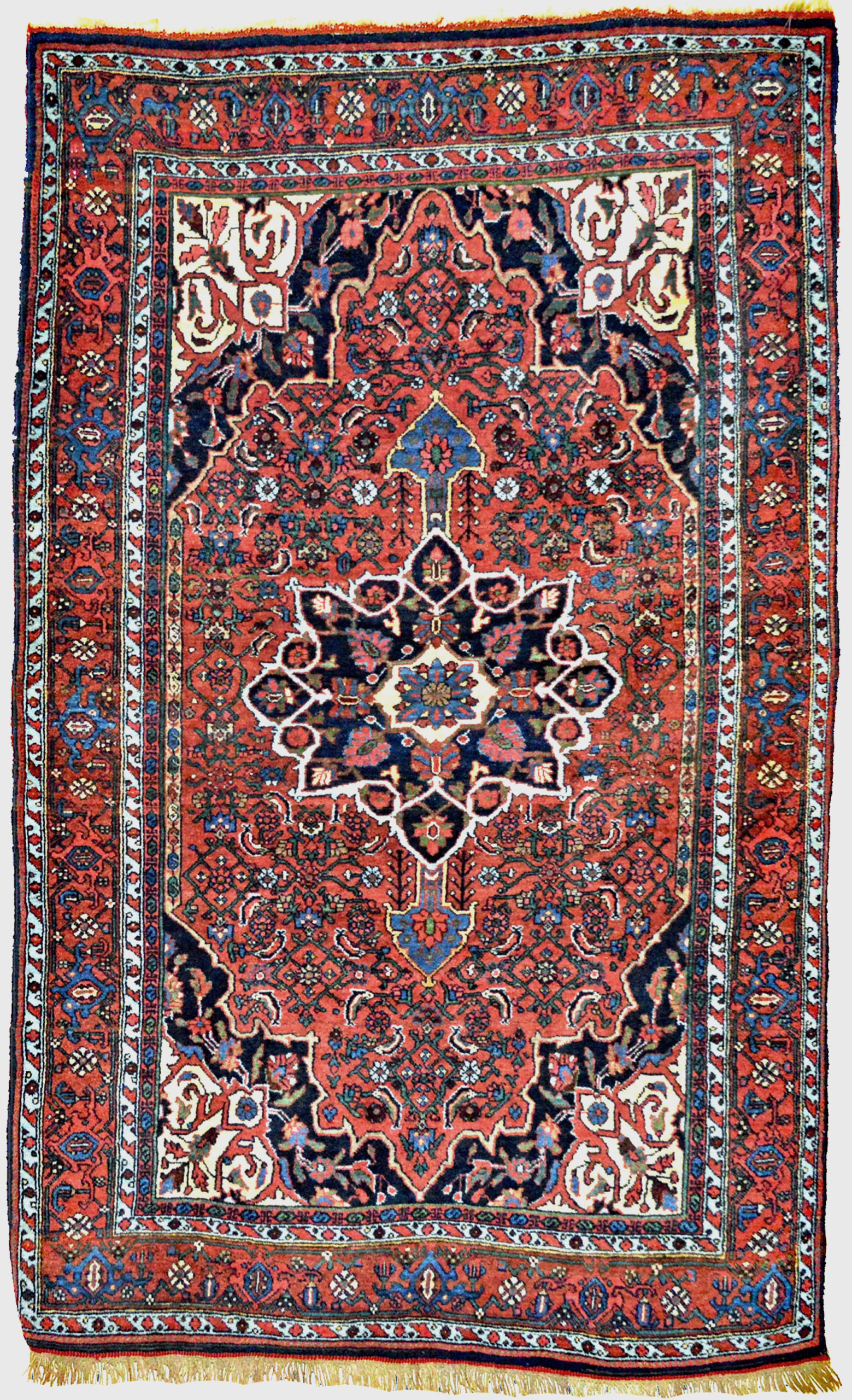 Antique Persian Bidjar rug with a brick red field decorated with the Herati design