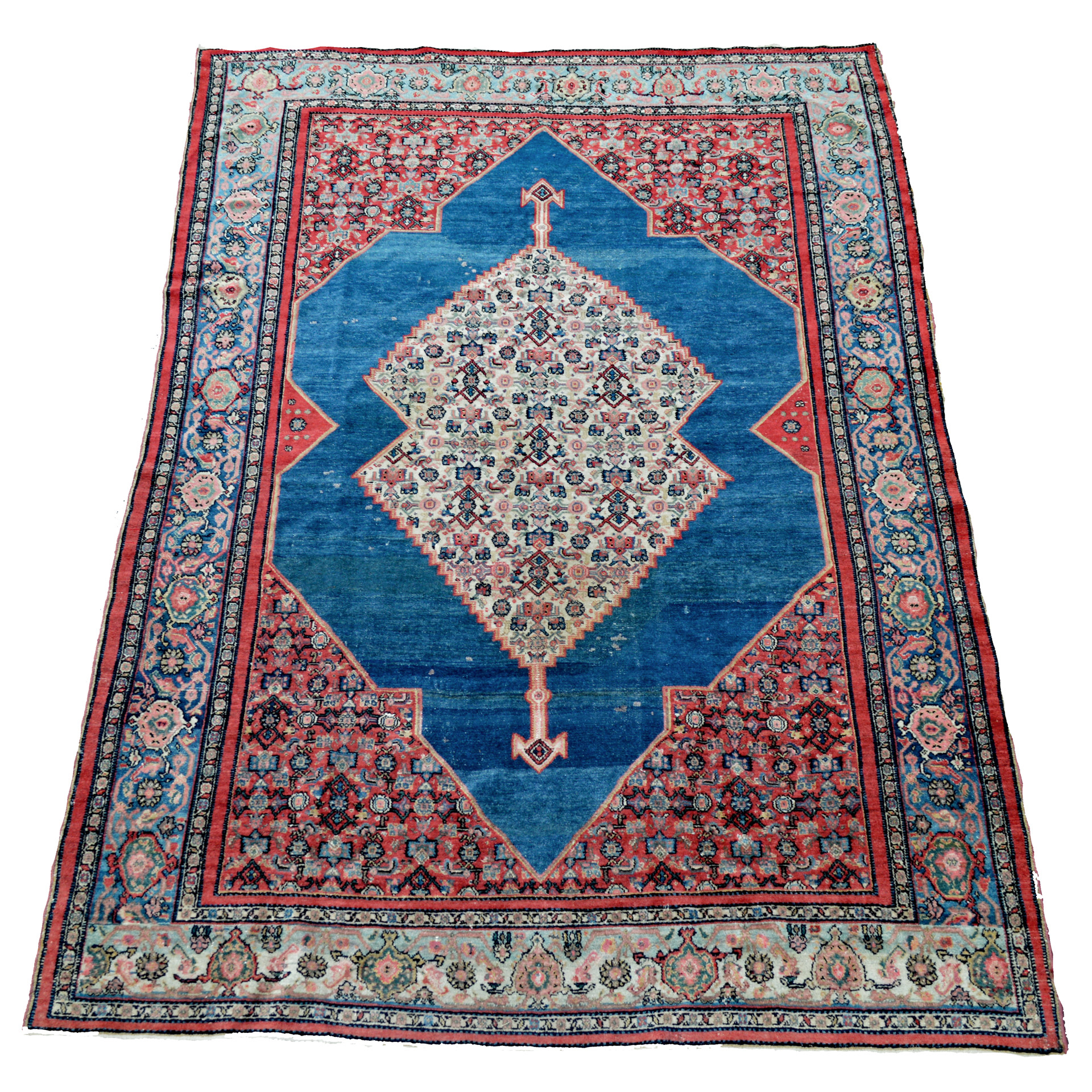 Antique Senneh rug with denim blue open field and ivory medallion, northwest Persia, circa 1890 - Douglas Stock Gallery, antique Persian rugs, South Natick, Boston,MA area, antique rugs New England