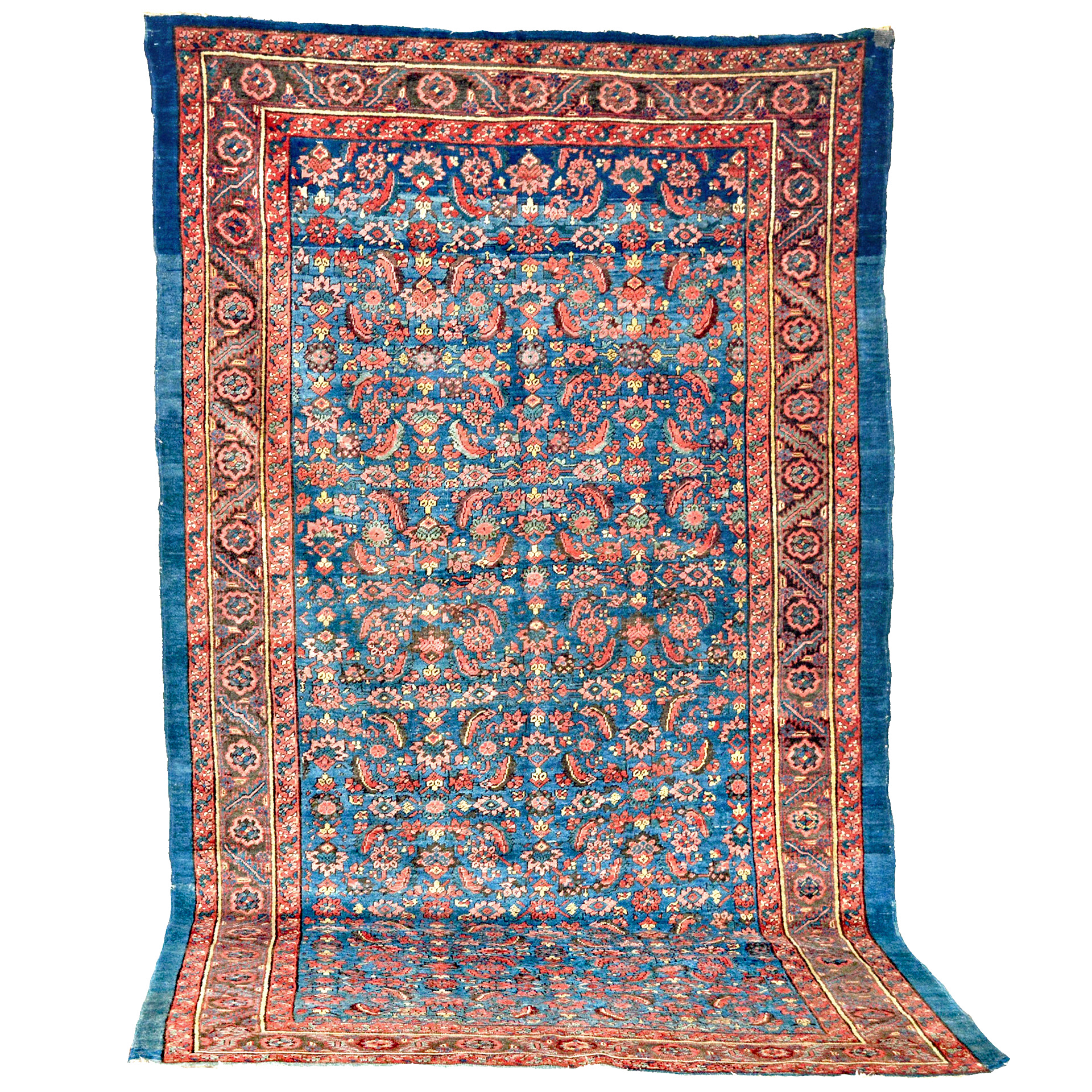 Antique Bashaish gallery carpet with the classical Herati design on an abrashed (variegated) denim blue field, Douglas Stock Gallery, antique Persian carpets Boston,MA area, antique Oriental rugs New England, decorative rugs New York