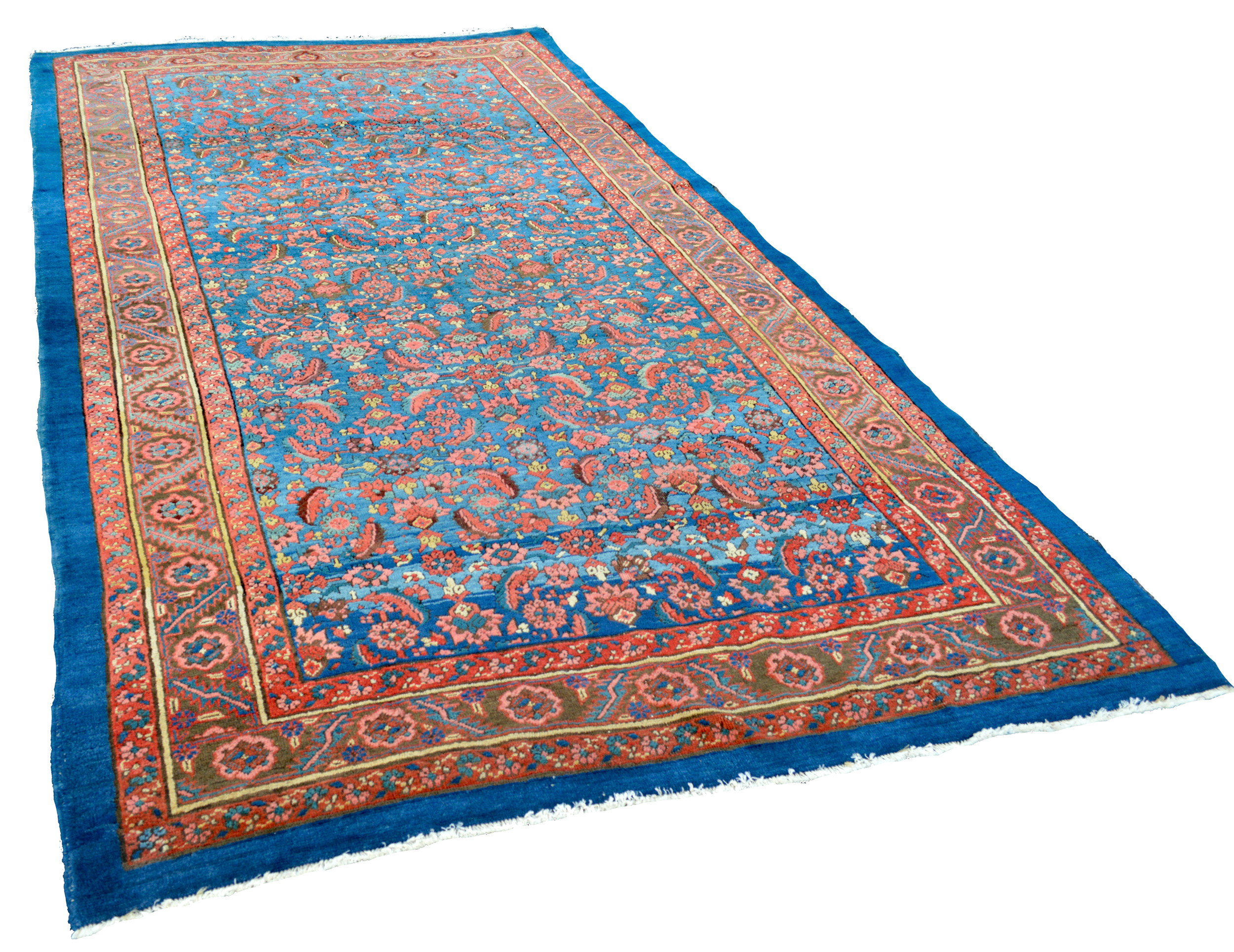 Antique Persian Bakshaish carpet with the classical Herati design on a denim blue field framed by a light brown border - Douglas Stock Gallery, antique rugs Boston,MA area, antique rugs New England
