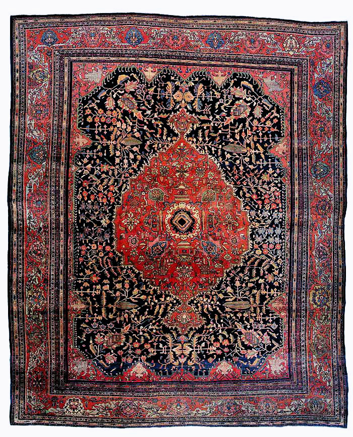 Antique Fereghan Sarouk carpet with flowers, leaves and Cypress Trees on a navy field. Douglas Stock Gallery Antique Rug Research Archives