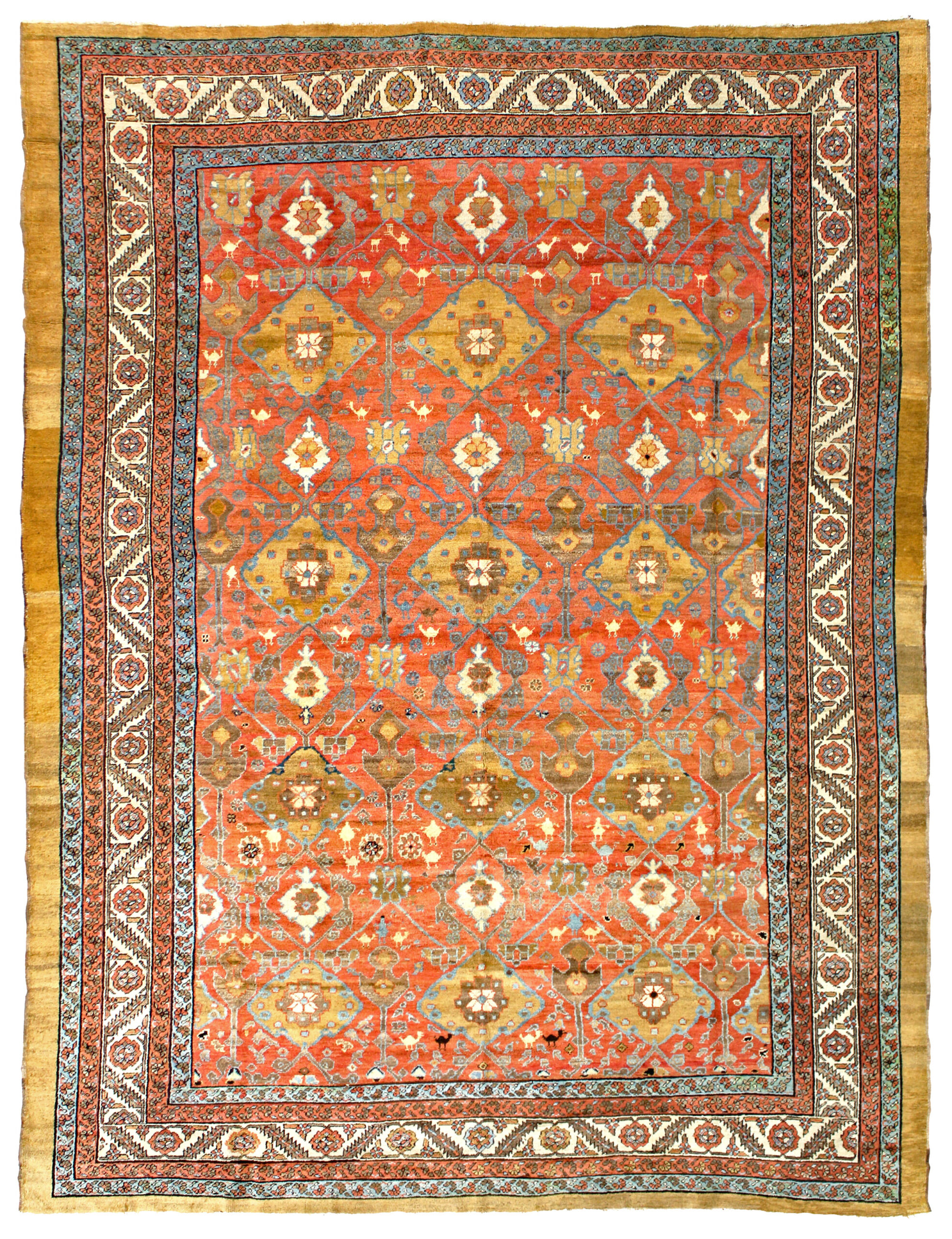 A highly important 19th century Persian Bakshaish carpet from the Heriz area in northwest Persia. The salmon color field is decorated with camel color medallions and framed by an ivory border. Douglas Stock Gallery antique Oriental rugs Boston,MA area, South Natick