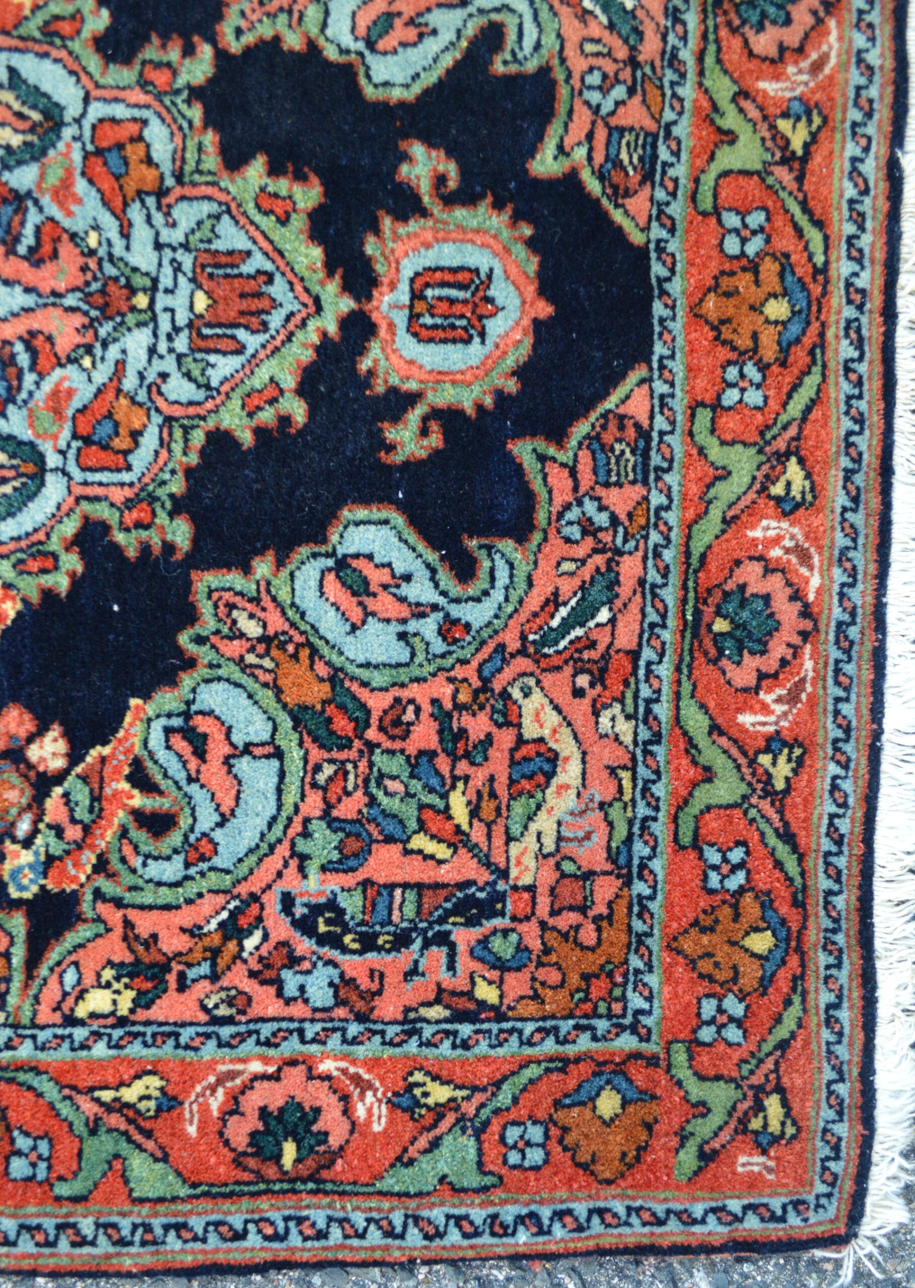 Detail of birds in the corner spandrels of an antique Persian Bidjar rug