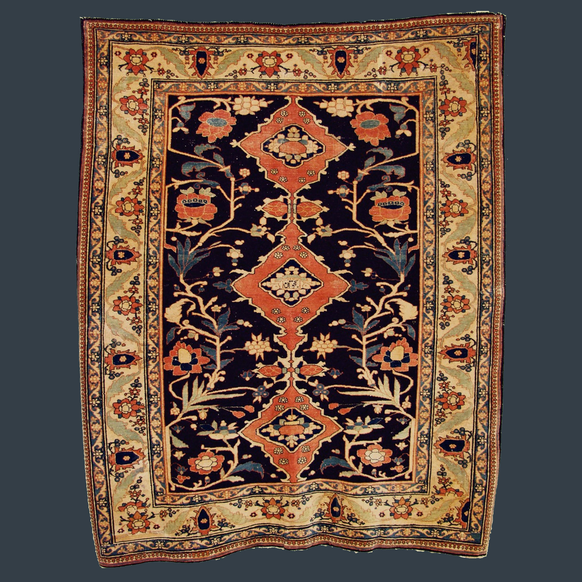 A 19th century antique Persian Tabriz rug with three medallions on a navy blue field, circa 1880 - Douglas Stock Gallery Antique Rug Research Archives