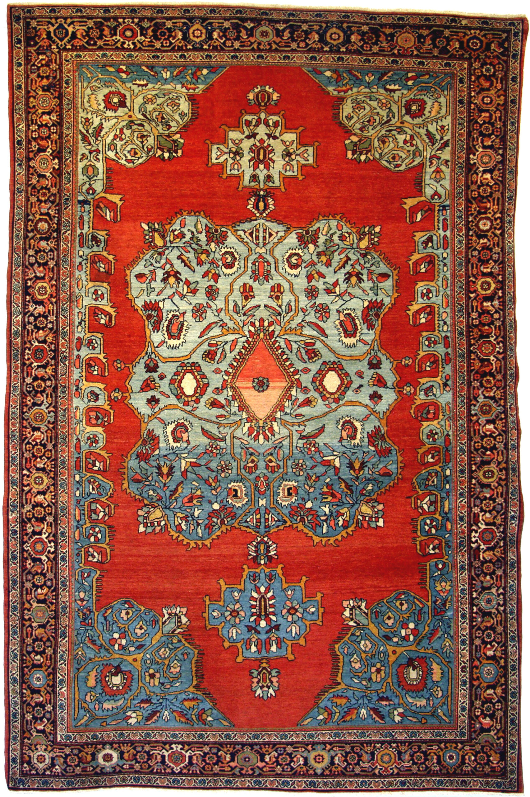 Antique Fereghan Sarouk rug with a sky blue medallion on a red open field, central Persia, 4th quarter 19th century