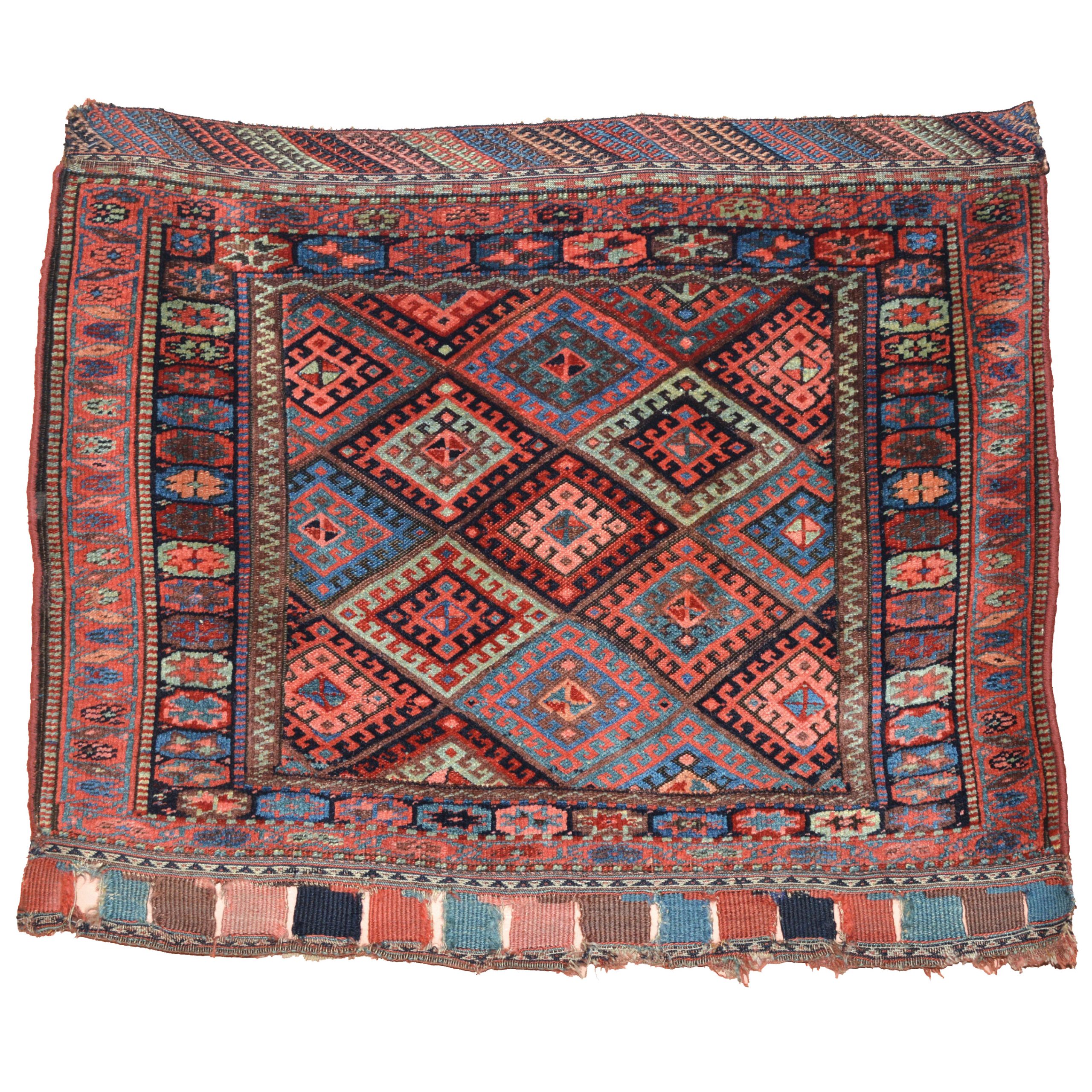 Large size antique Kurdish bag face from northwest Persia with the classic diamond design. Douglas Stock Gallery offers a selection of antique Oriental tribal bags and bag faces