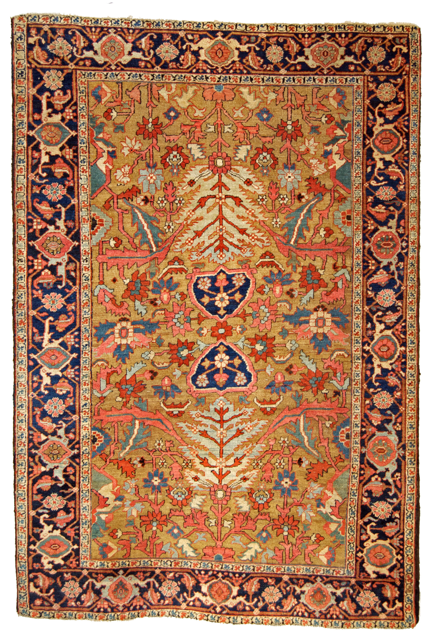 Antique northwest Persian Heriz Serapi rug with a yellow-camel field and an all-over design, circa 1890