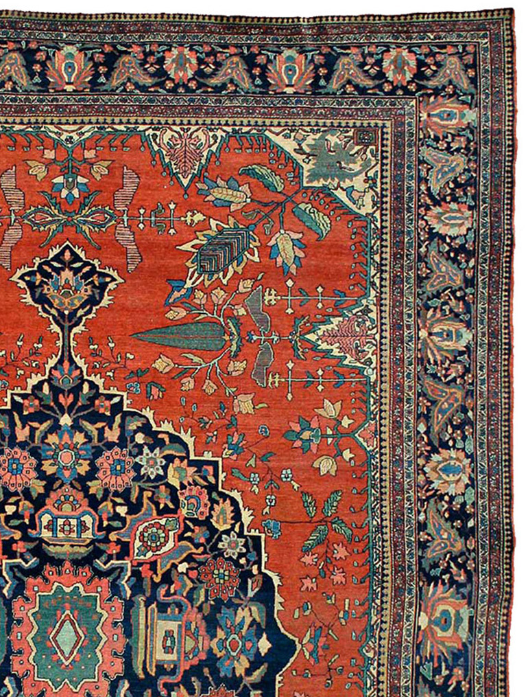 Detail of an antique Persian Fereghan Sarouk carpet with Cypress Trees