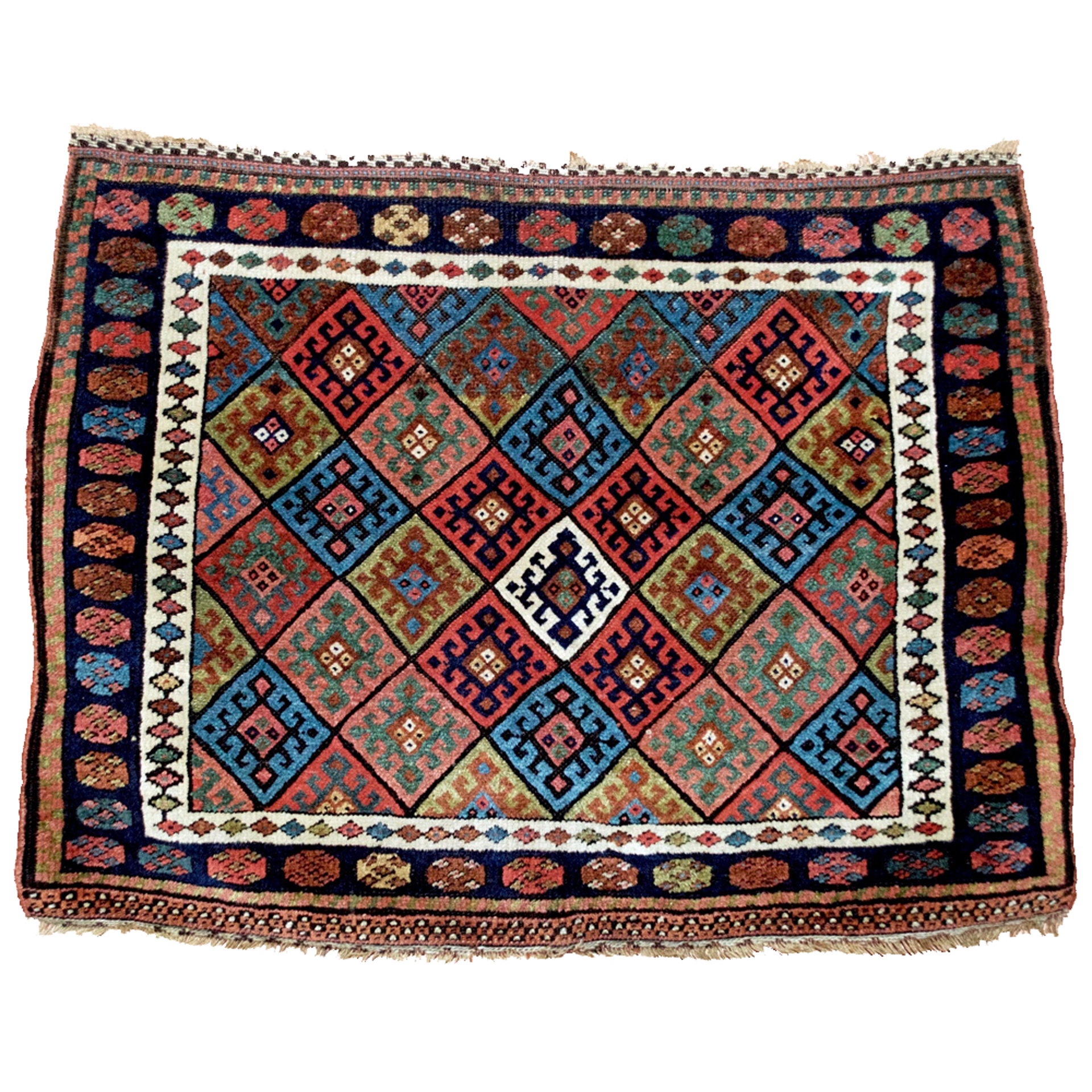 A large antique northwest Persian Kurdish bagface with the classic diamond design - Douglas Stock Gallery antique Oriental rug research archives