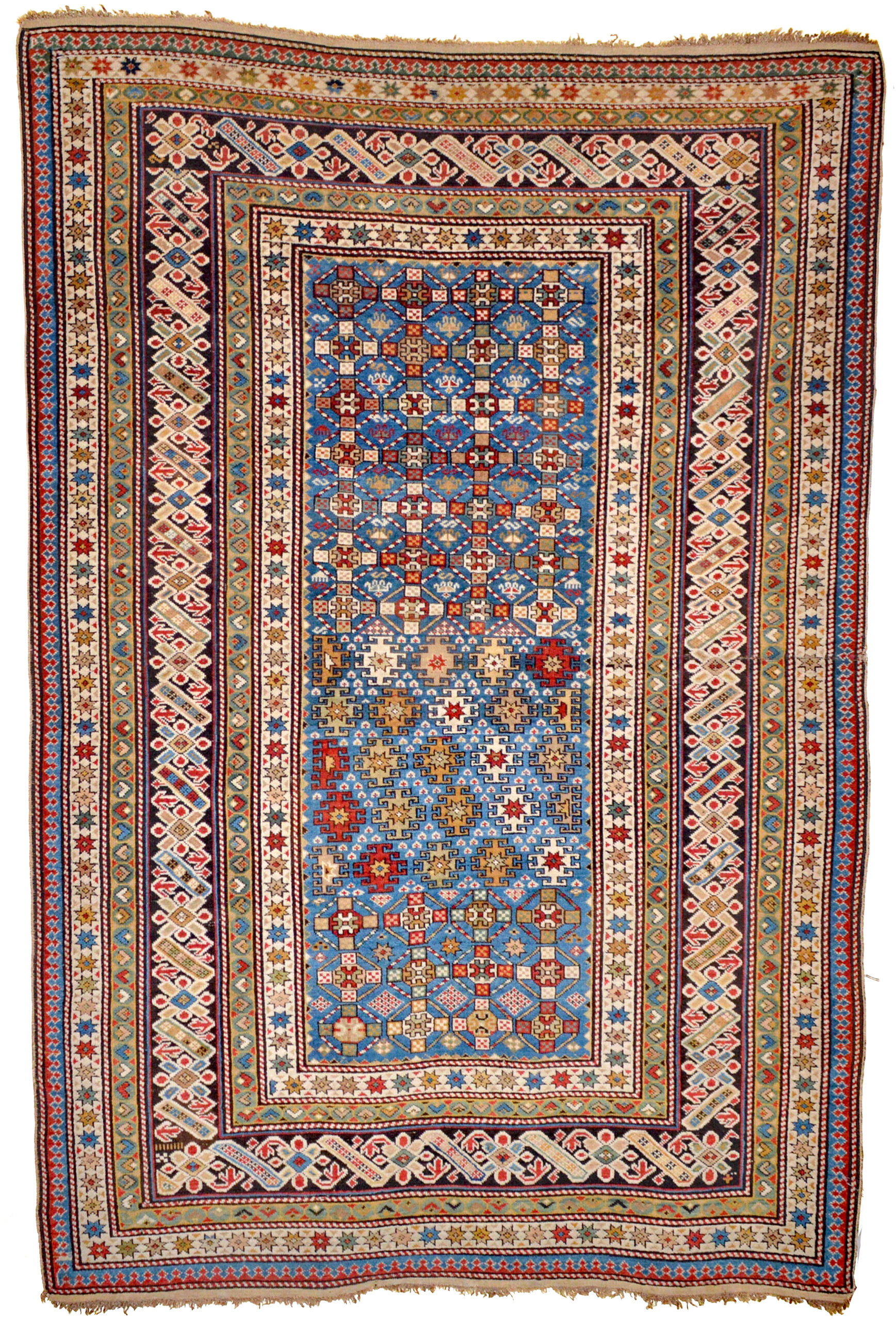 Antique Chi Chi rug with an uncommon sky blue field, northeast Caucasus, circa 1890