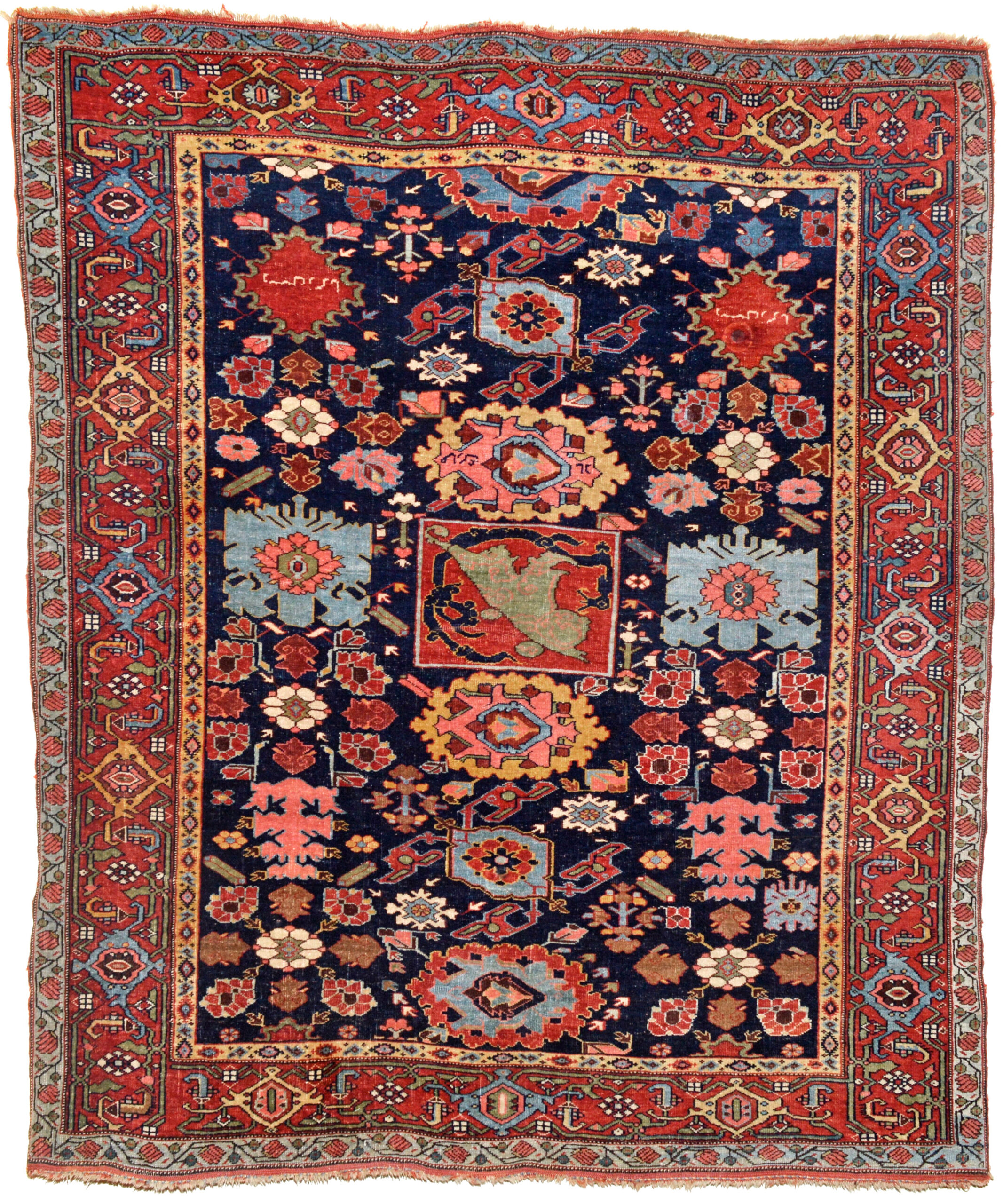 Antique Harshang design Bidjar rug with a navy blue field and red border, northwest Persia, Kurdistan province, circa 1880