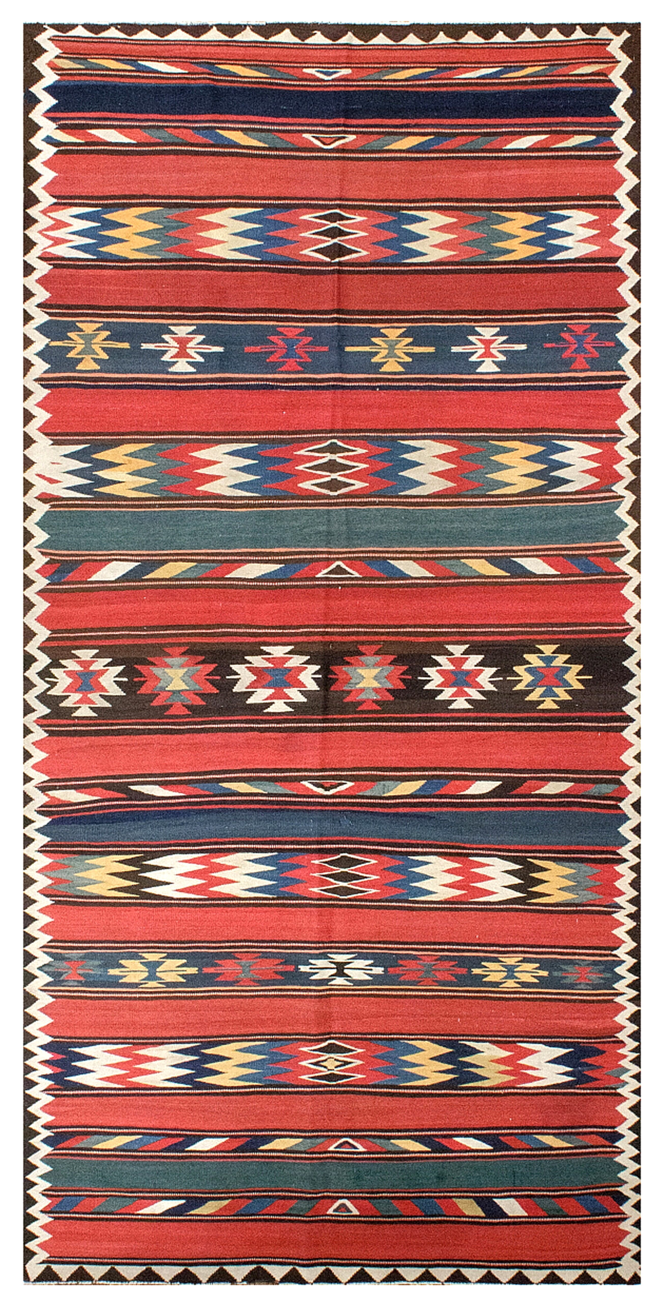 Antique Veramin kilim (flat woven carpet), north Persia - multi color bands of color with geometric decoration