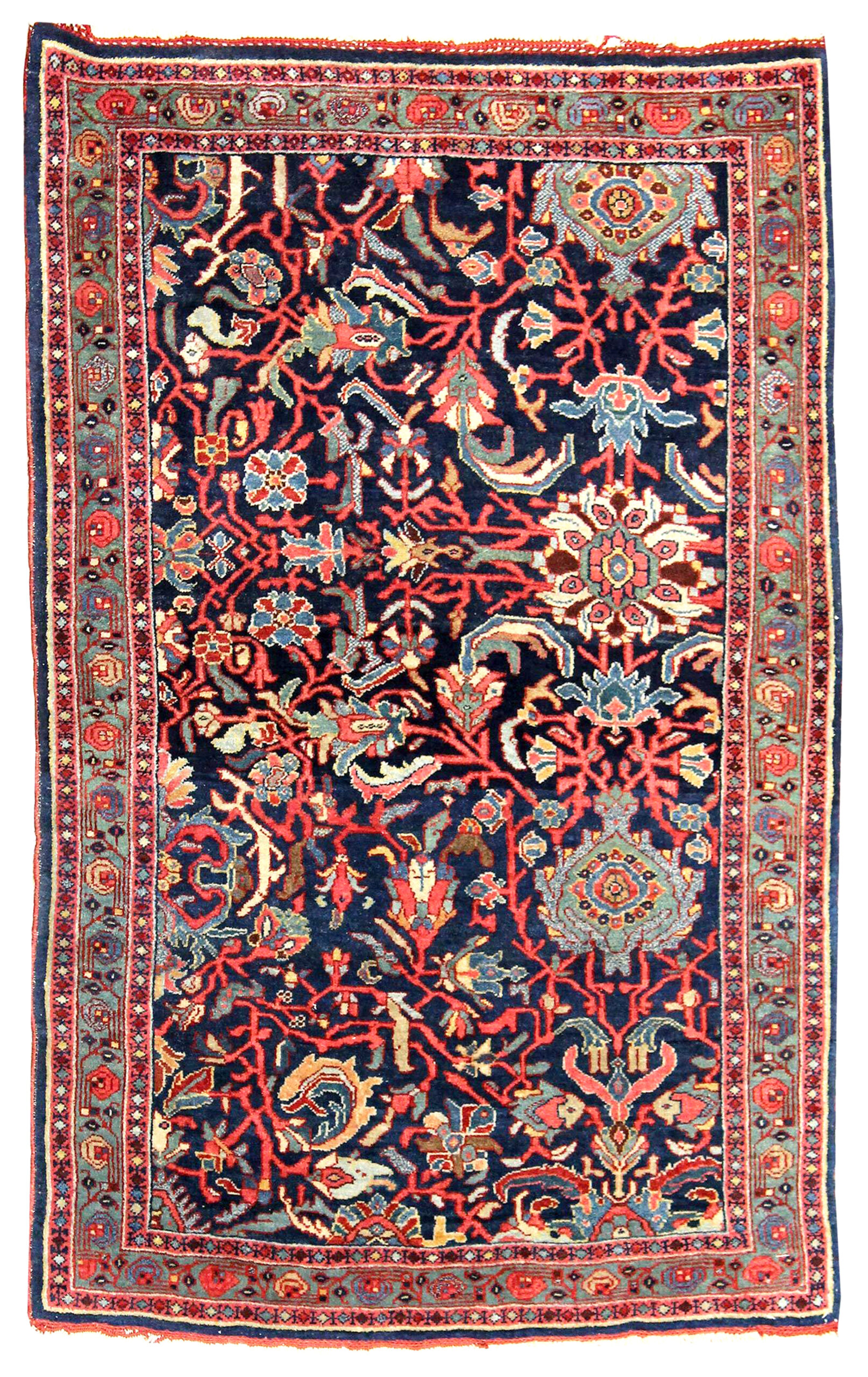 Antique Bidjar rug, possibly a Sampler or Wagireh, with palmettes, leaves and flowers on a navy blue field, northwest Persia, circa 1910