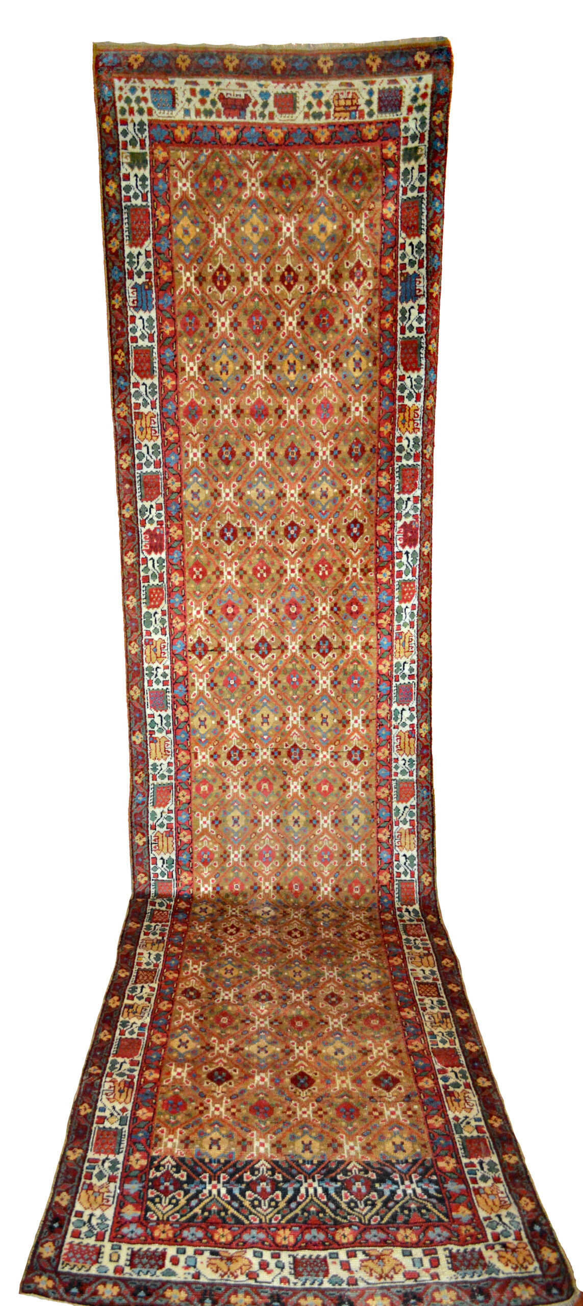 Antique northwest Persian runner with a camel color field framed by an ivory border