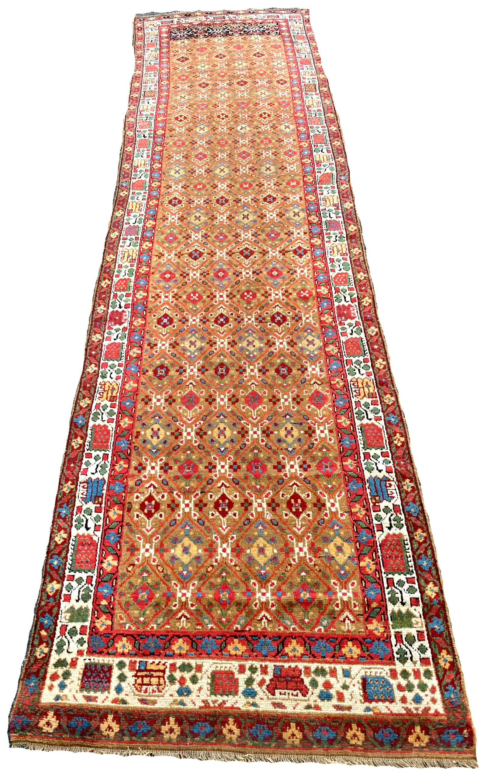 19th century antique northwest Persian runner with geometric motifs on a camel color field - Douglas Stock Gallery, antique Persian rugs Boston,MA area, South Natick