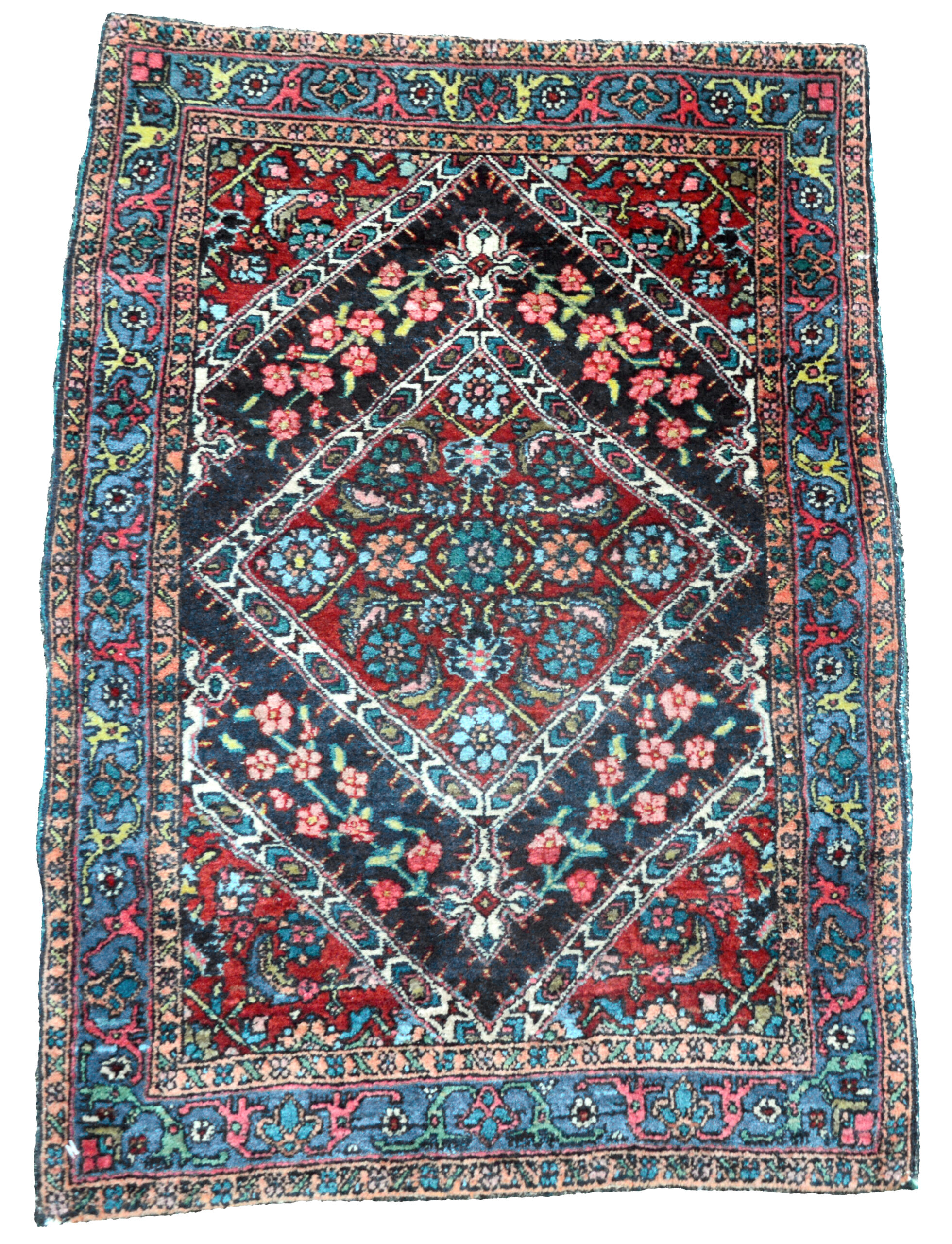 Antique Persian Bidjar rug with a red medallion on a navy blue field that is framed by a deep sky blue border, northwest Persia, circa 1915 - Douglas Stock Gallery, antique Oriental rugs, South Natick, Wellesley, Newton, Brookline MA area