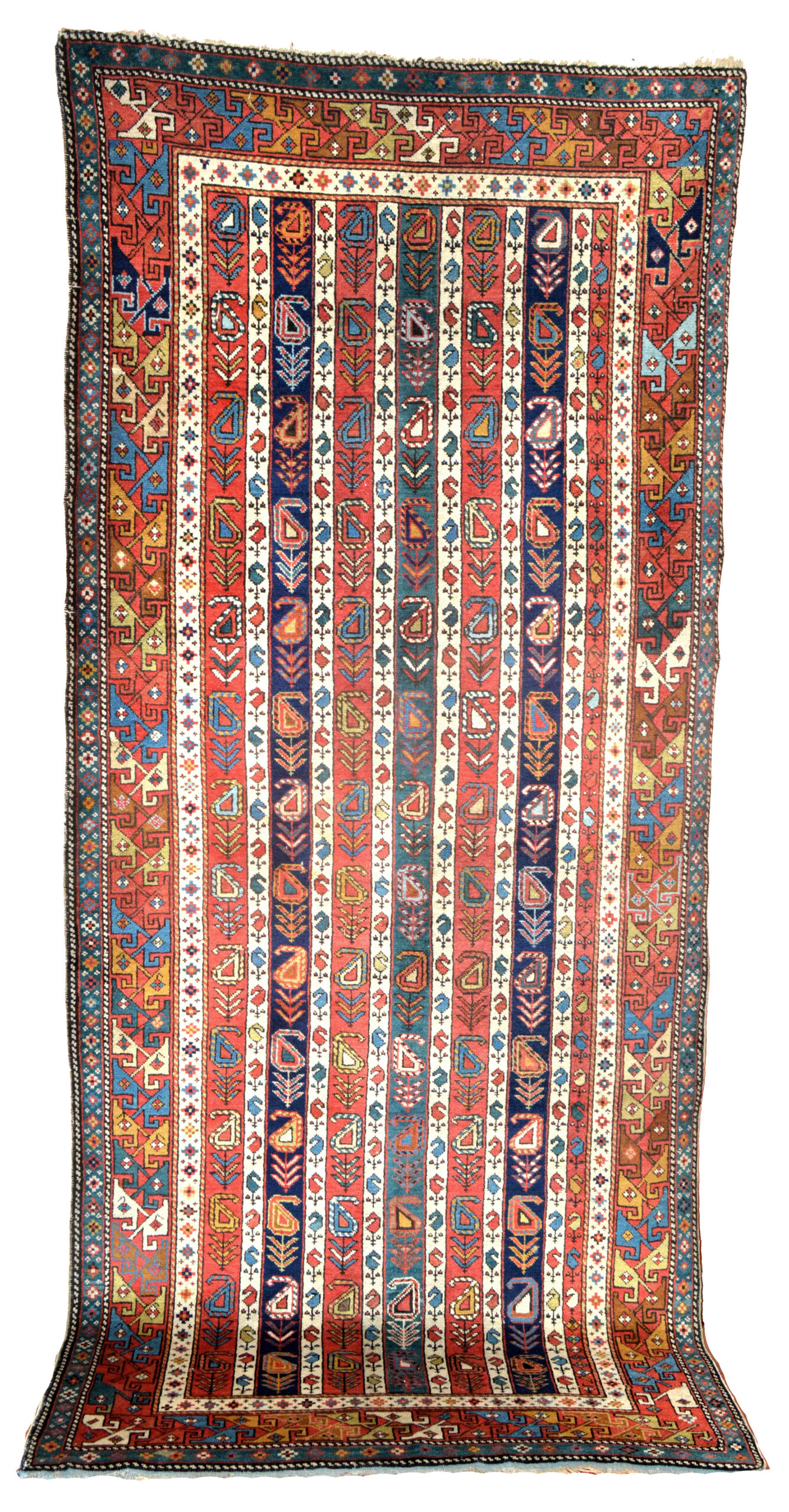 Antique Caucasian Shirvan rug with polychromatic vertical stripes decorated with Both (Paisley shaped motifs), late 19th century, northeast Caucasus - Douglas Stock Gallery antique Oriental rugs Boston,MA area, antique rugs Brookline, Cambridge, Belmont, Lexington, Concord, Weston, Wellesley, Dover, South Natick,Ma area, antique Caucasian rugs New England