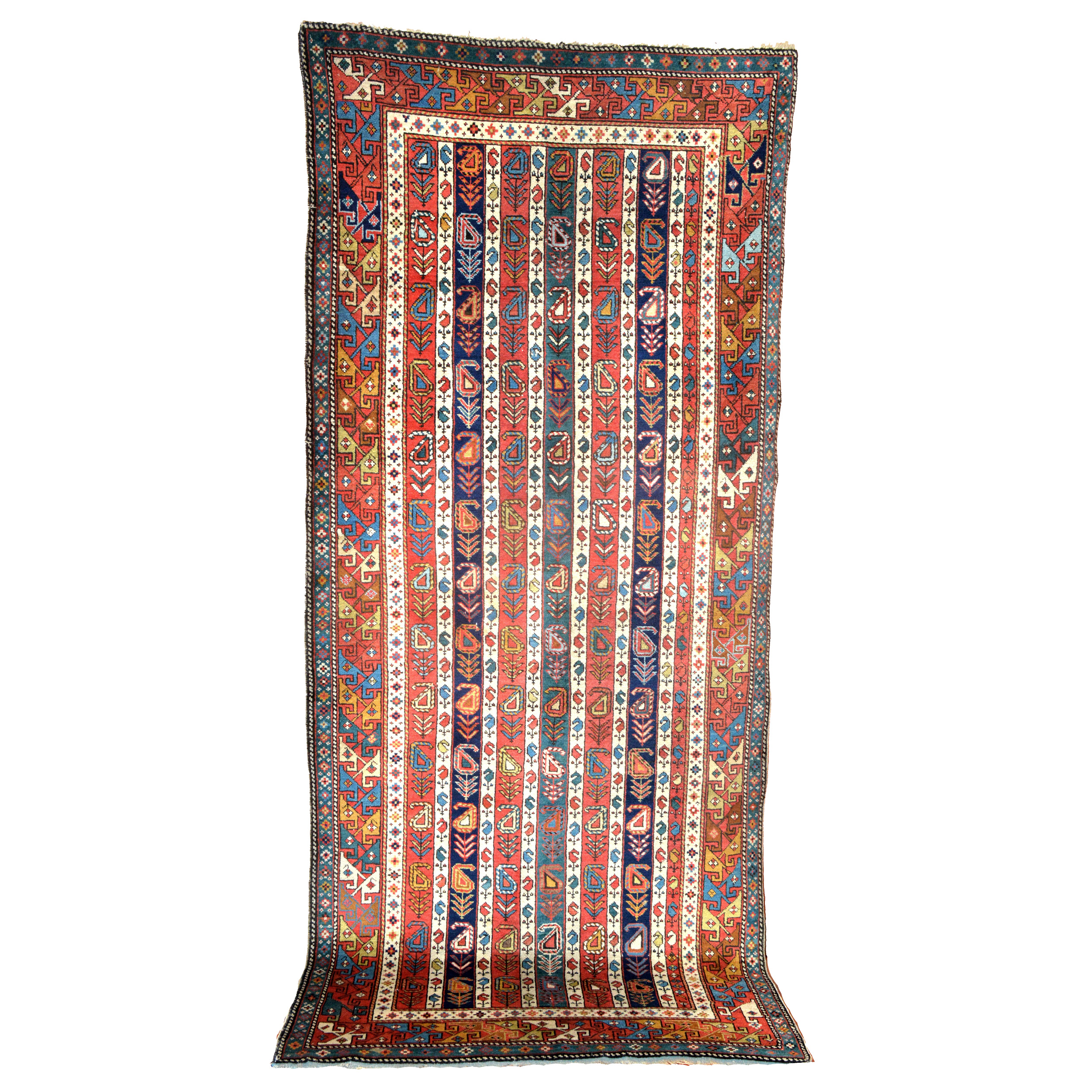 Antique Caucasian Shirvan long rug with polychromatic vertical stripes containing Boteh (Paisley shape motifs), late 19th century - Douglas Stock Gallery, antique Oriental rugs, Boston,MA area, antique Caucasian rugs, antique runners, tribal rugs, Oriental rugs New England