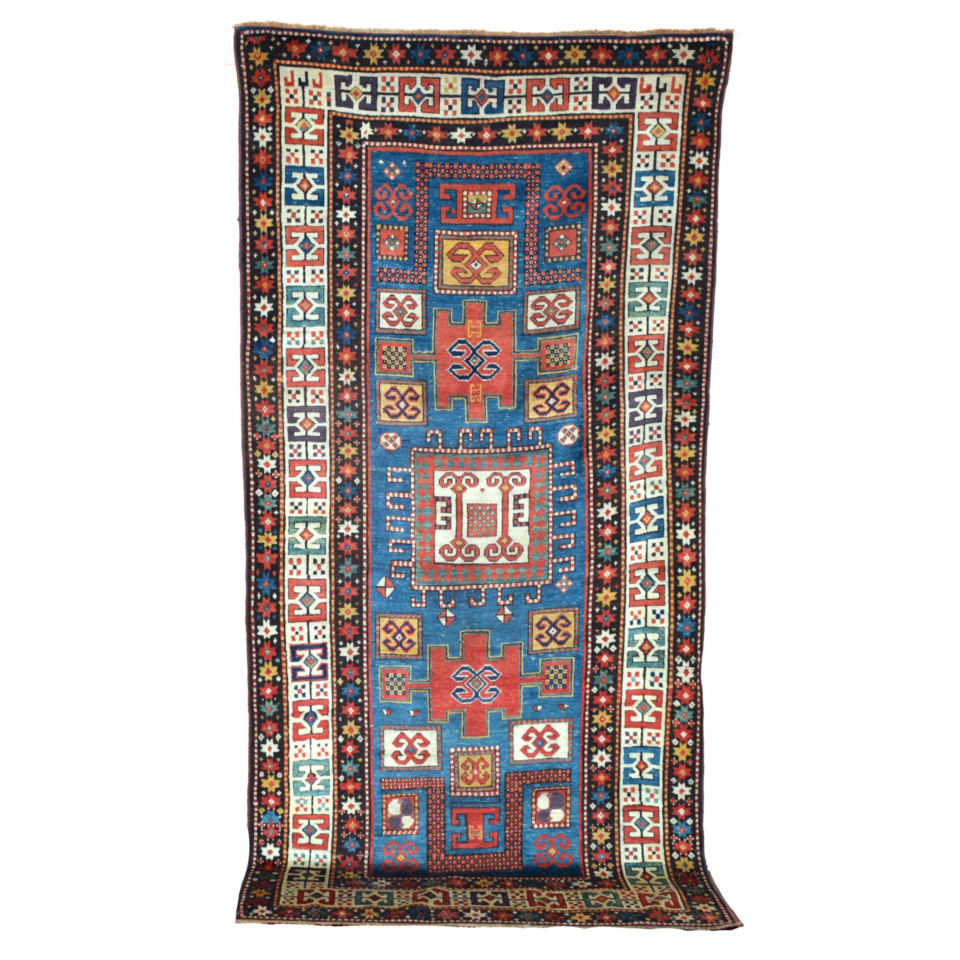Antique Caucasian Kazak rug of the Karachoph type, with medallions on a denim blue field that is framed by an ivory border, circa 1880. Douglas Stock Gallery Oriental rug Boston,MA area, South Natick, antique rugs, antique tribal rugs