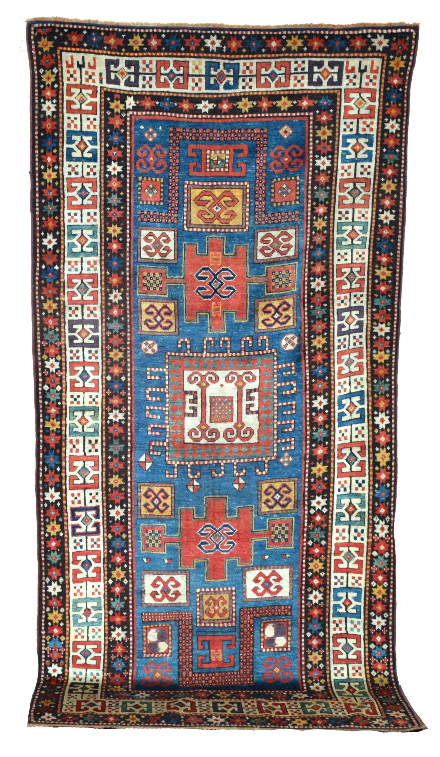 Antique Karachoph Kazak rug with denim blue field, southwest Caucasus, circa 1880 - Douglas Stock Gallery, antique Oriental rugs, Boston,MA area antique tribal rugs