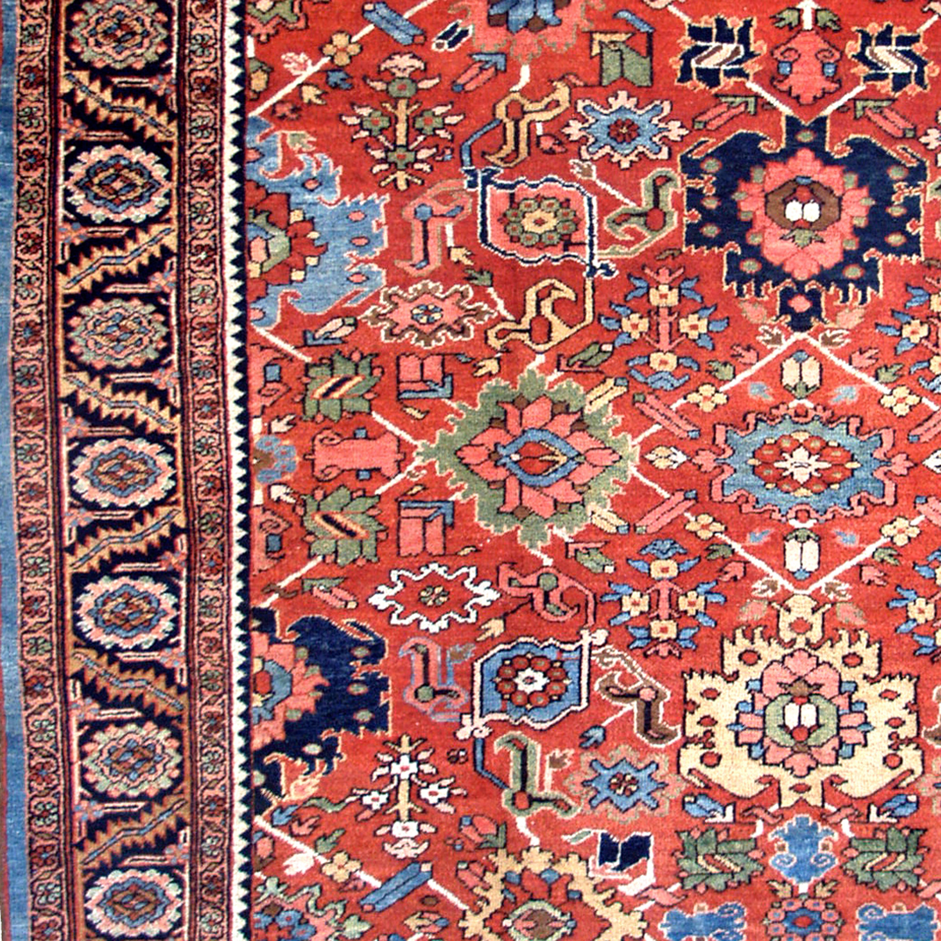 Detail of the Harshang design of palmettes and flowers in an antique Persian Heriz carpet, circa 1920 - Douglas Stock Gallery antique carpet research archives