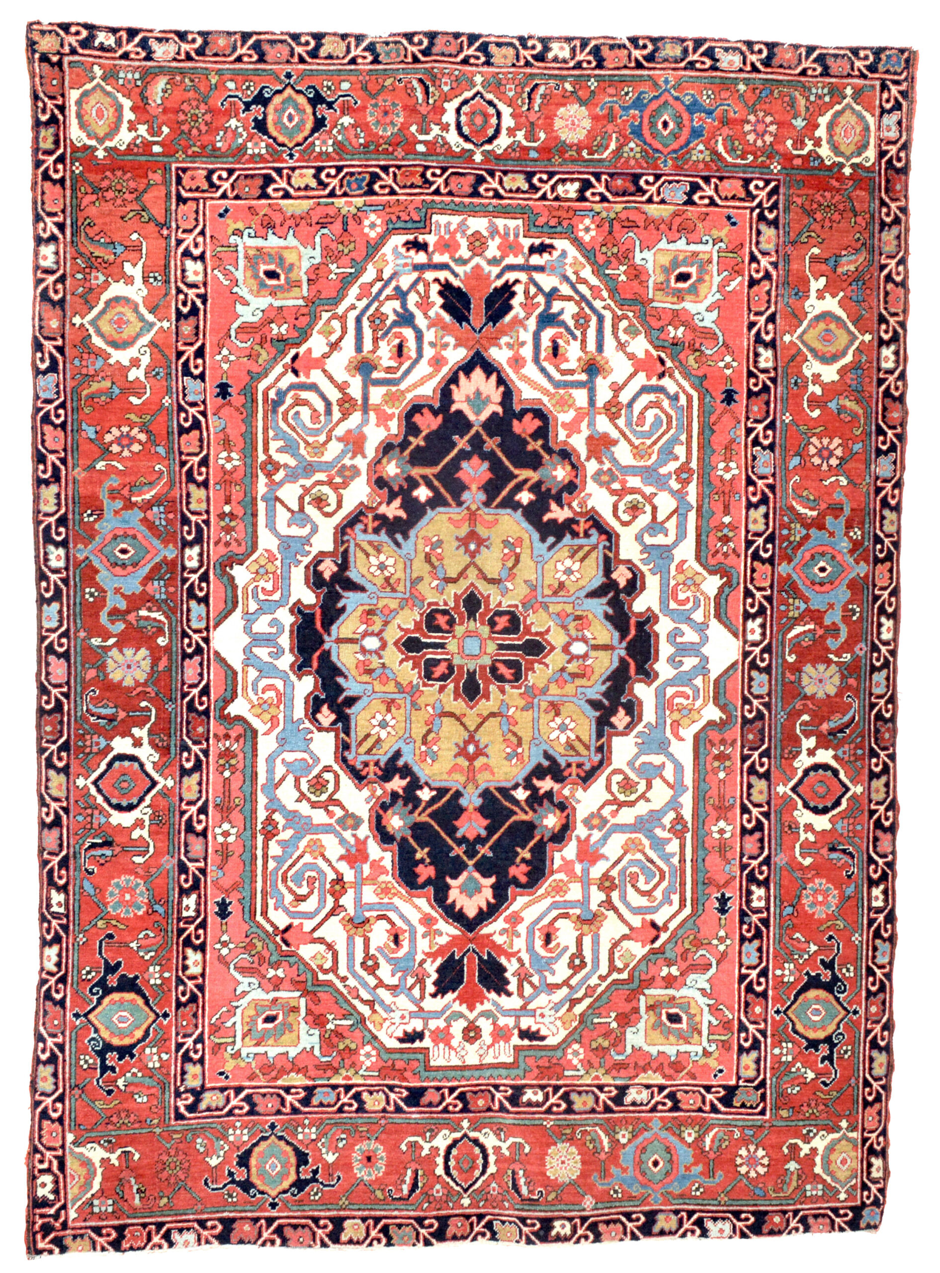 An outstanding antique Persian Heriz of the type often referred to as antique Serapi rugs. The ivory field contains a camel and navy medallion and is framed by coral corner spandrels and a brick red Turtle border, late 19th century. Douglas Stock Gallery, antique Oriental rugs, South Natick,MA