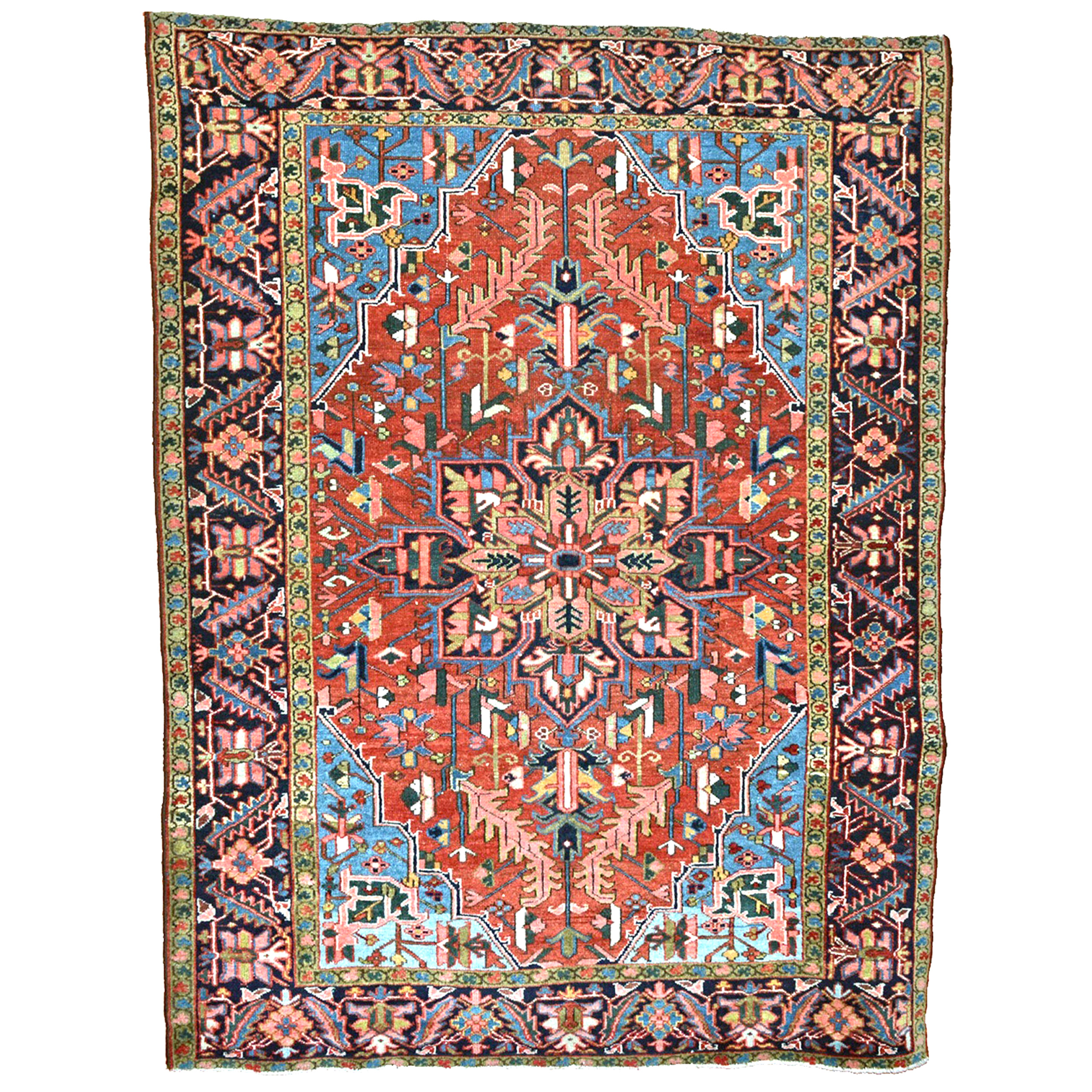Antique Karaja rug with a navy blue medallion on a terra cotta color field, Heriz area, northwest Persia, circa 1920 - Douglas Stock Gallery, antique Persian rugs, South Natick, Boston,MA area, antique rugs New England