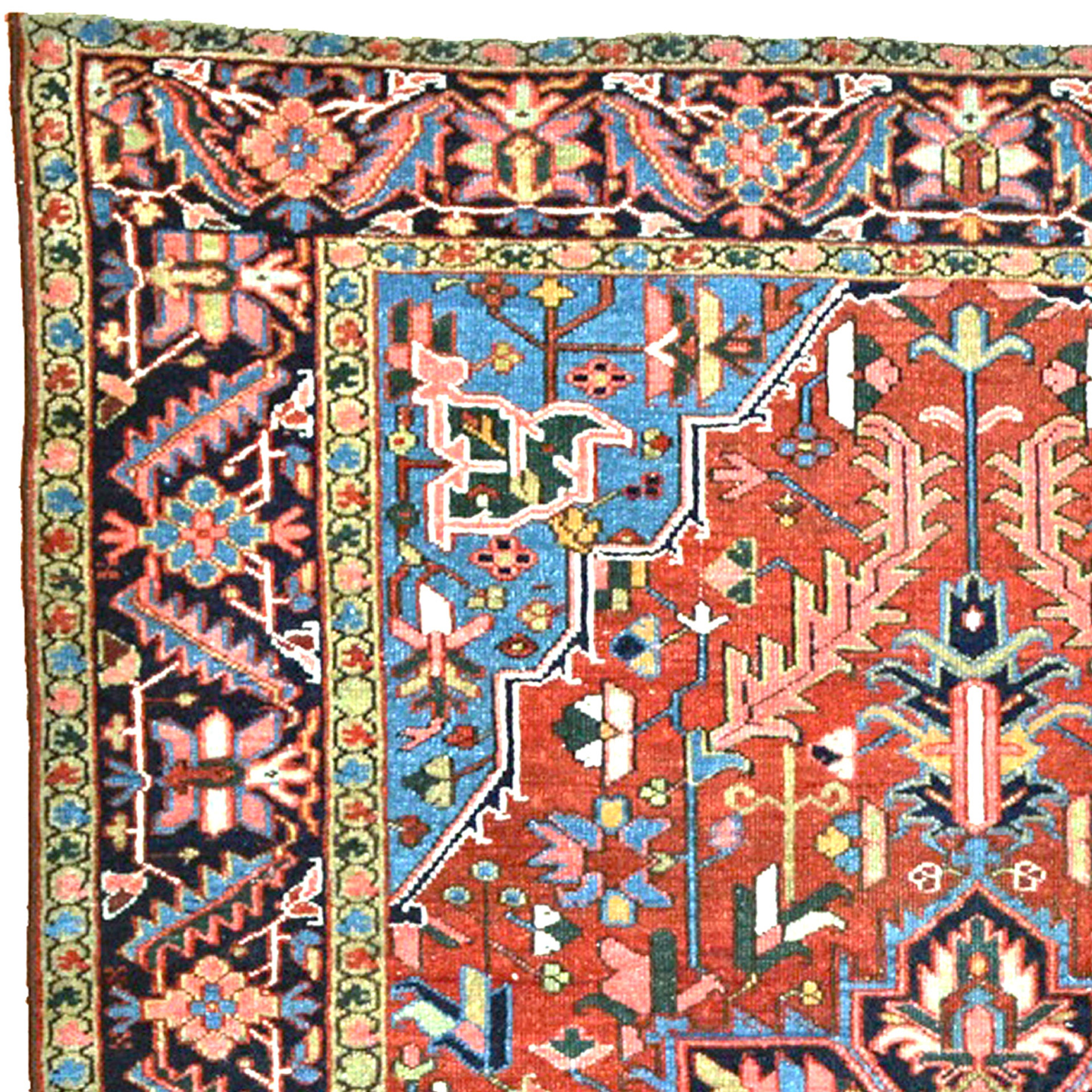 Detail of a sky blue corner spandrel and navy blue border from an antique Karaja rug from the Heriz area in northwest Persia, circa 1920 - Douglas Stock Gallery, South Natick, Boston,MA area, New England