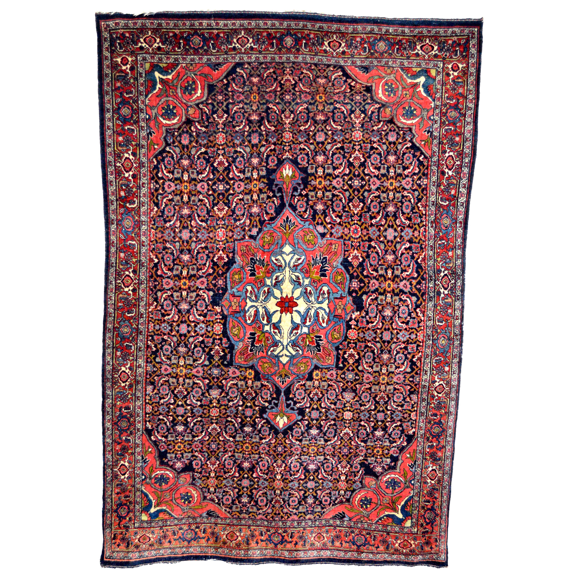 Antique Persian Bidjar rug with a coral and ivory medallion on a navy blue, Herati design field - Douglas Stock Gallery, Oriental Rugs Boston,MA area, antique rugs South Natick,MA, New England