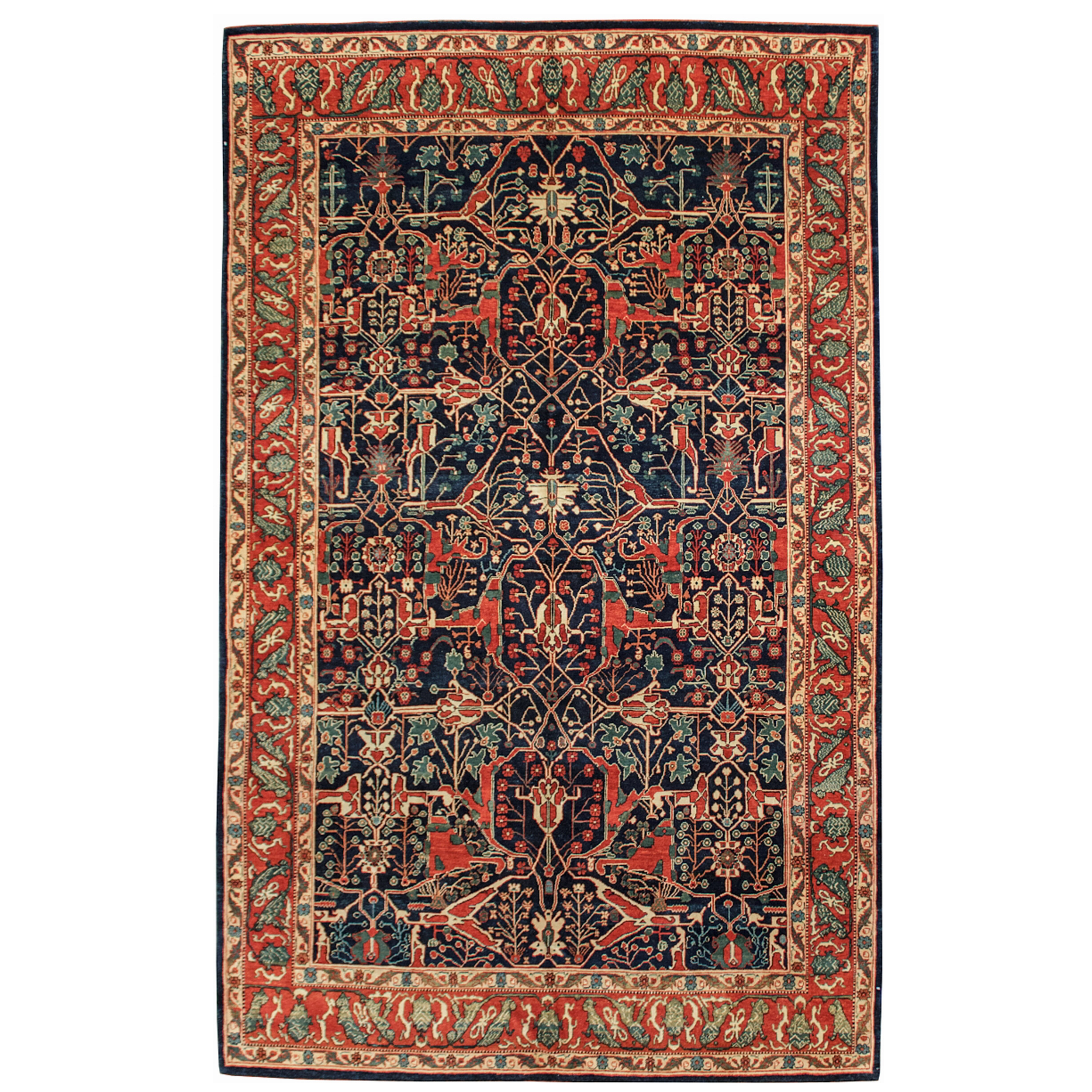 A new Turkish carpet, hand woven utilizing natural dyes and hand spun wool in the style of a 19th century Persian Bidjar carpet with a Split Arabesque design on a navy field