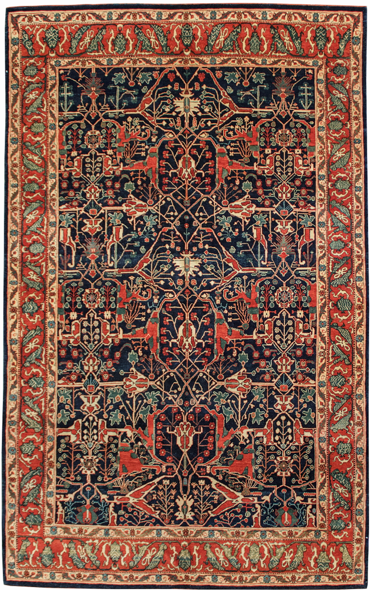 Douglas Stock Gallery features a select group of new, hand woven Oriental rug with natural dyes and hand spun wool. This is a new Turkish carpet featuring a Persian Bidjar Split Arabesque design on a navy field. Oriental rugs Boston,MA area