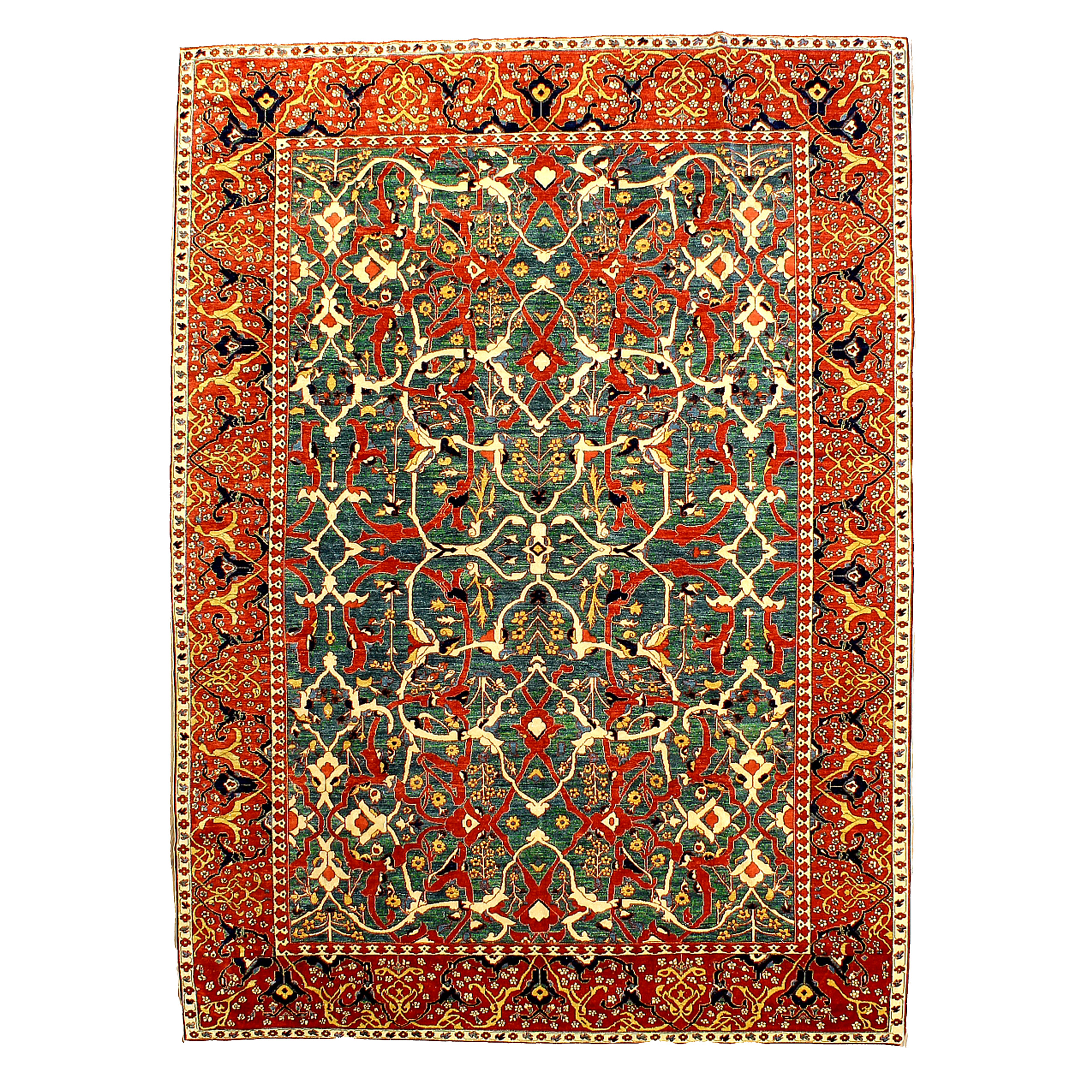 A new, hand woven carpet from Azerbaijan with an Arabesque design on a green field framed by a red border - Douglas Stock Gallery, fine hand woven Oriental carpets Boston,MA area, South Natick