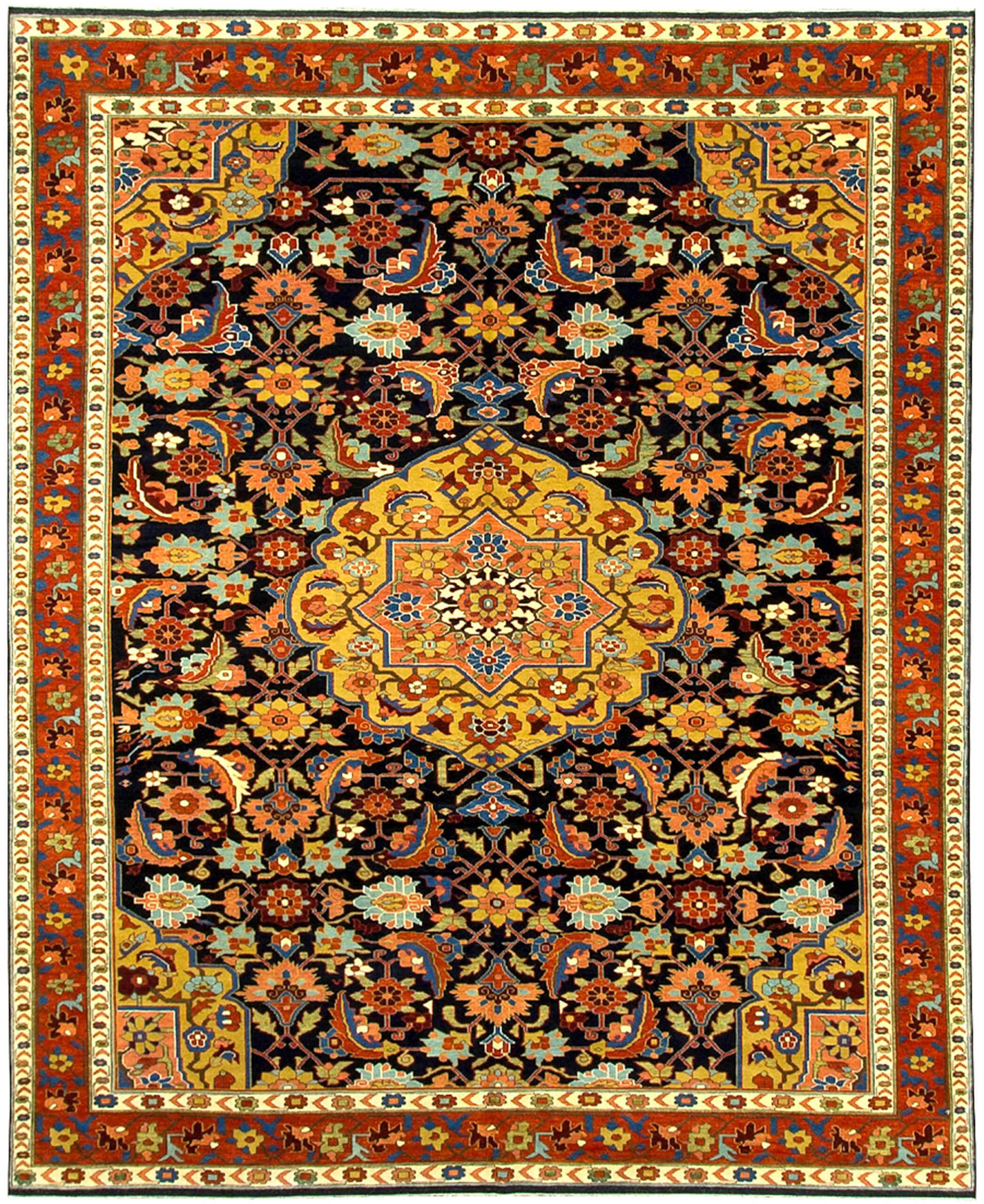 Contemporary hand woven Turkish carpet with a Persian Herati design featuring a yellow medallion on a navy blue field - Douglas Stock Gallery, Oriental rugs Boston,MA area