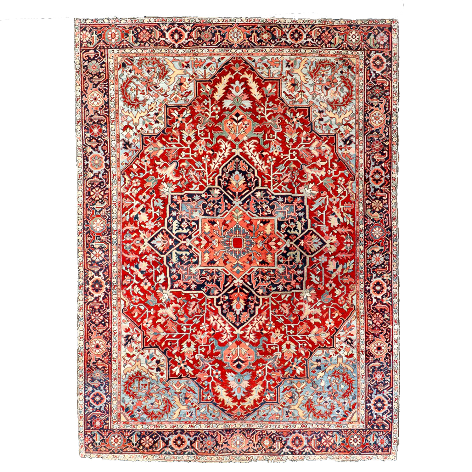 Antique Persian Heriz carpet with navy and coral medallion on a bric red field that is framed by a navy border - Douglas Stock Gallery, Oriental rugs South Natick / Wellesley Ma area