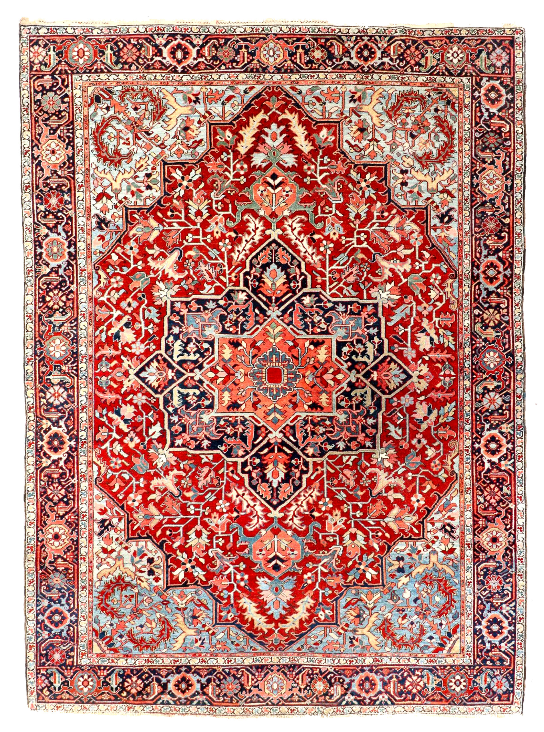 Antique Persian Heriz carpet with a bric red field and sy blue corner spandrels - Douglas Stock Gallery, Oriental rugs Boston,MA area New England