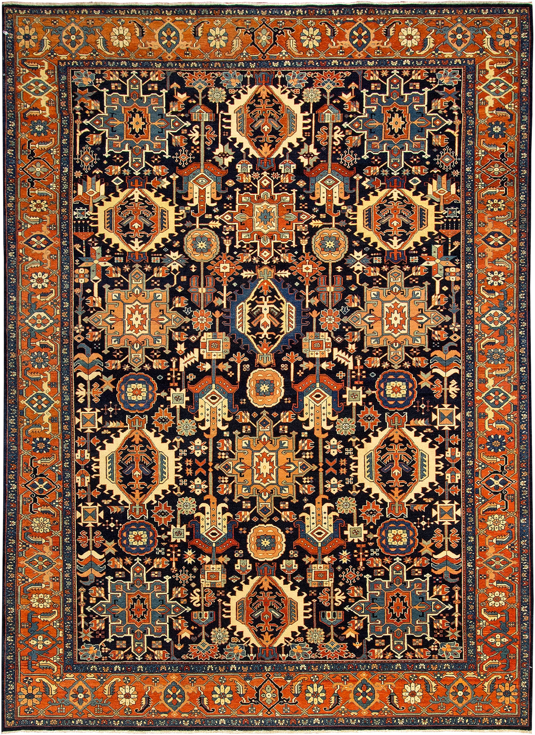 Contemporary hand woven Turkish carpet in the style of antique Persian Karaja carpets from the Heriz district in northwest Persia's Azerbaijan province. The navy field is decorated with medallions. Douglas Stock Gallery antique and contemporary Oriental rugs Boston,MA area, South Natick, Oriental rugs
