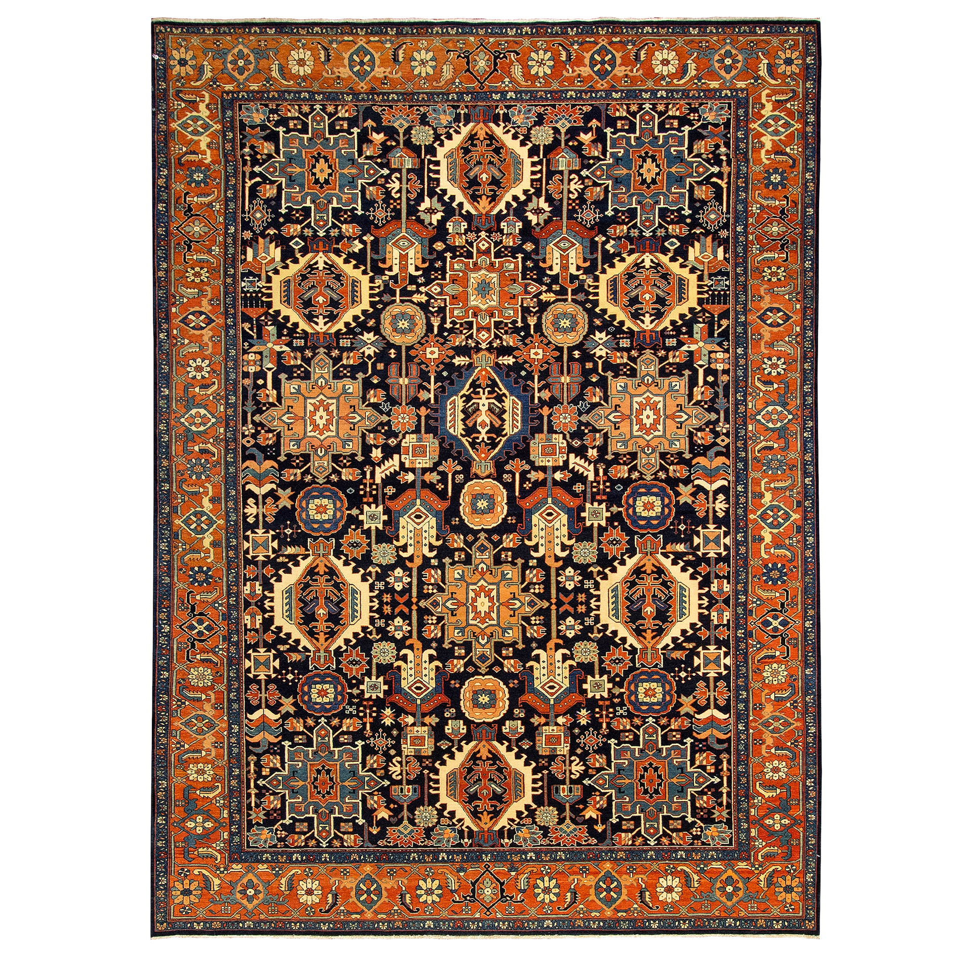 New, hand woven Turkish carpet with a Persian Karaja design of medallions on a navy blue field. Douglas Stock Gallery Oriental rugs Boston,MA area South Natick, Wellesley, Newton, Brookline,MA area antique and new hand woven Oriental rugs and Persian carpets