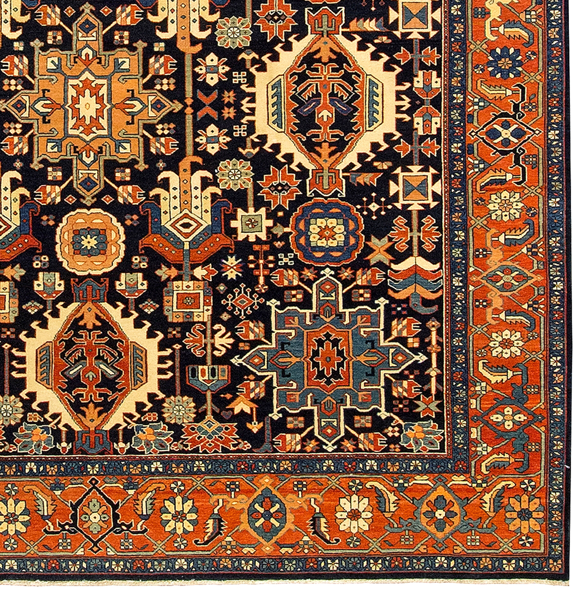 Detail of a new, hand woven Turkish carpet with a Persian Karaja design of medallions on a navy blue field - Douglas Stock Gallery, South Natick,MA, Boston area Oriental rugs and Persian carpets - Oriental rugs New England