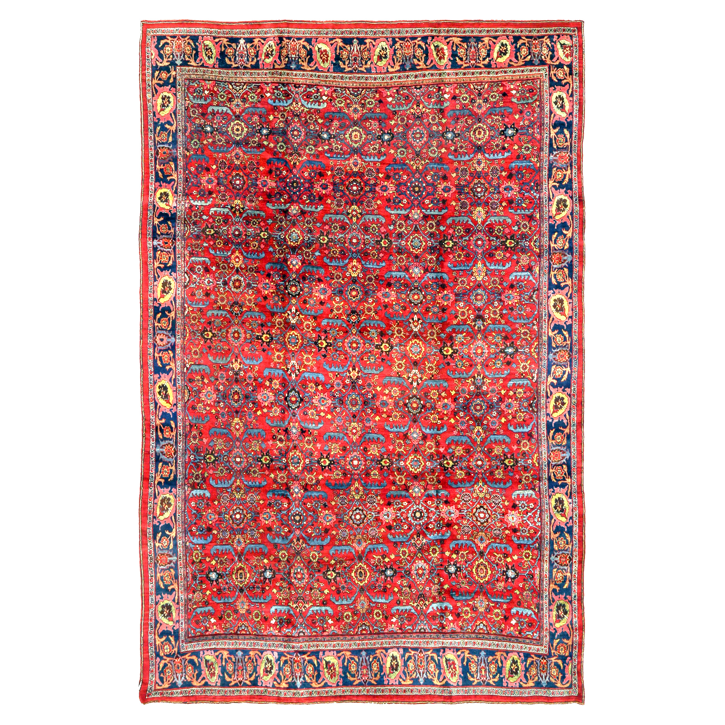 An antique Persian Bidjar carpet with a red field that is decorated with stylized leaves and flowers, some of which are framed by diamond shop e motifs almost like a modified "Herati" design. A navy blue border with coral and light green highlights frames the field. Douglas Stock Gallery antique Persian carpets Boston,MA area