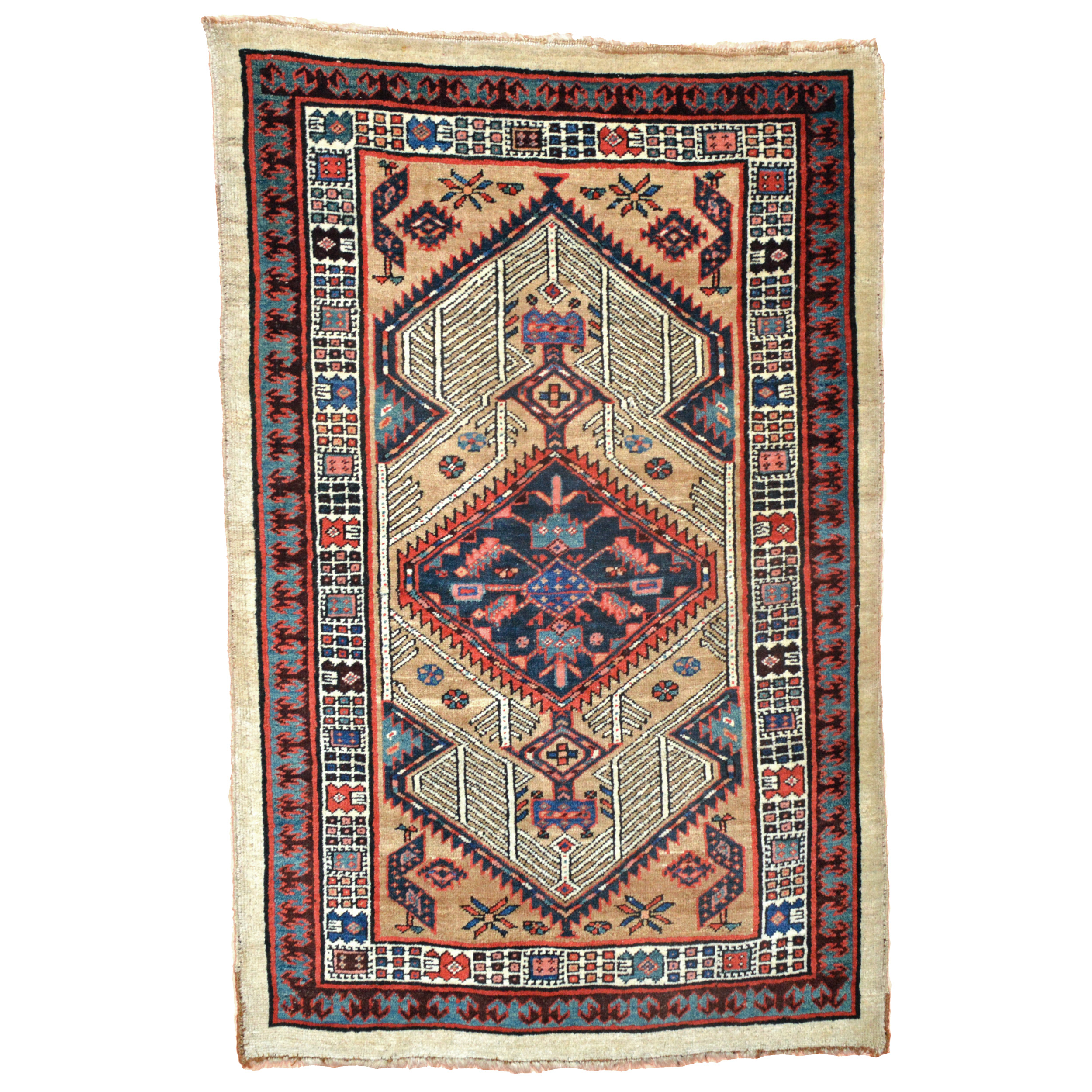Antique Serab rug with a navy medallion on a classic camel color field, northwest Persia, circa 1920 - Douglas Stock Gallery, South Natick,MA antique rugs Boston,MA area
