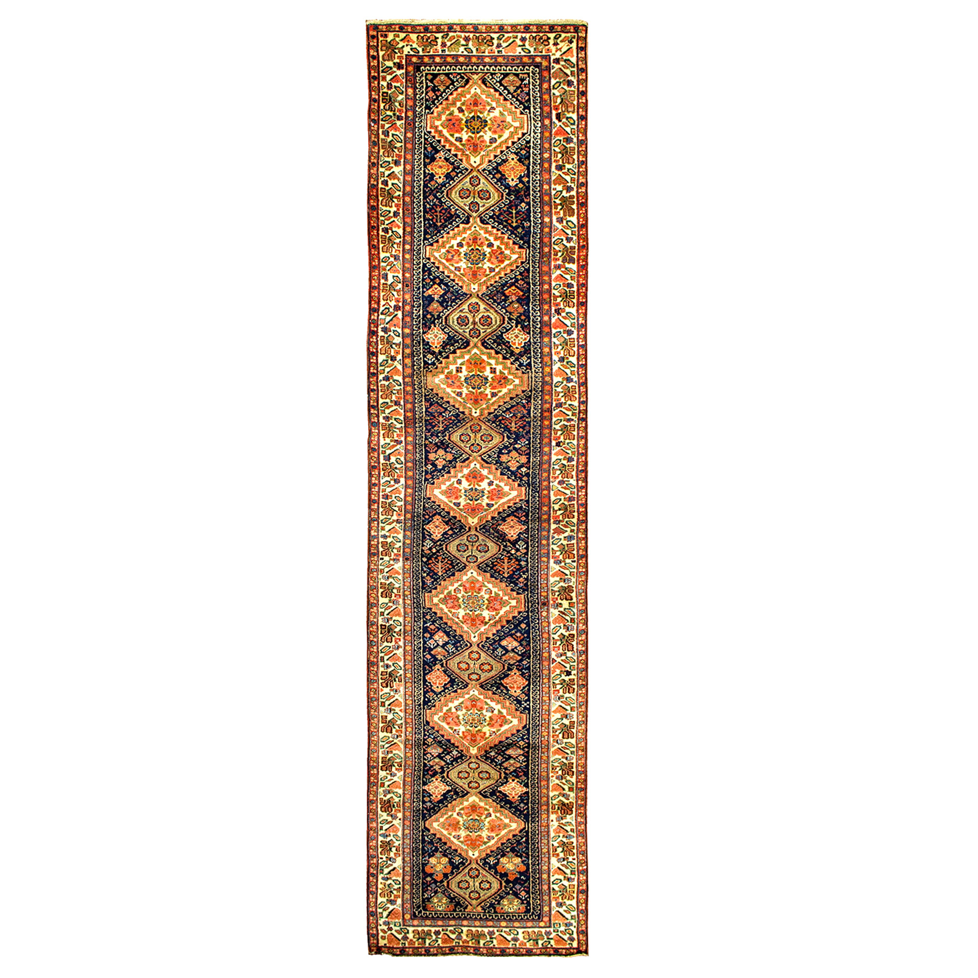 Antique northwest Persian runner rug with ivory medallions on a navy field that is framed by an ivory border, circa 1900 - Douglas Stock Gallery, antique Oriental rugs, room size antique carpets, antique runner rugs, Boston,MA area, South Natick, New England