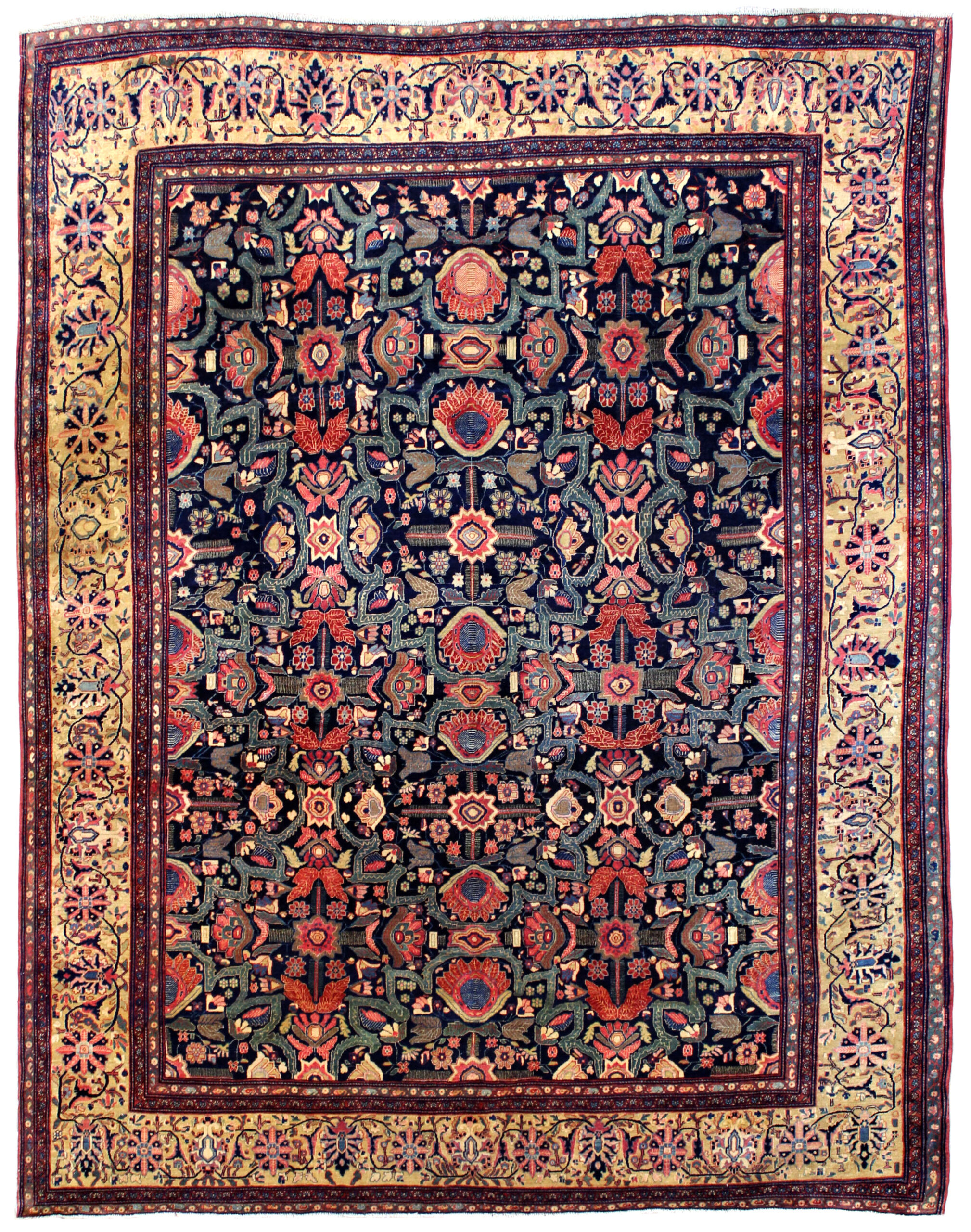 Room size antique Persian Fereghan Sarouk with a distinctive consisting of a navy field d decorated with flowers and strapwork and framed by a camel color border, circa 1900