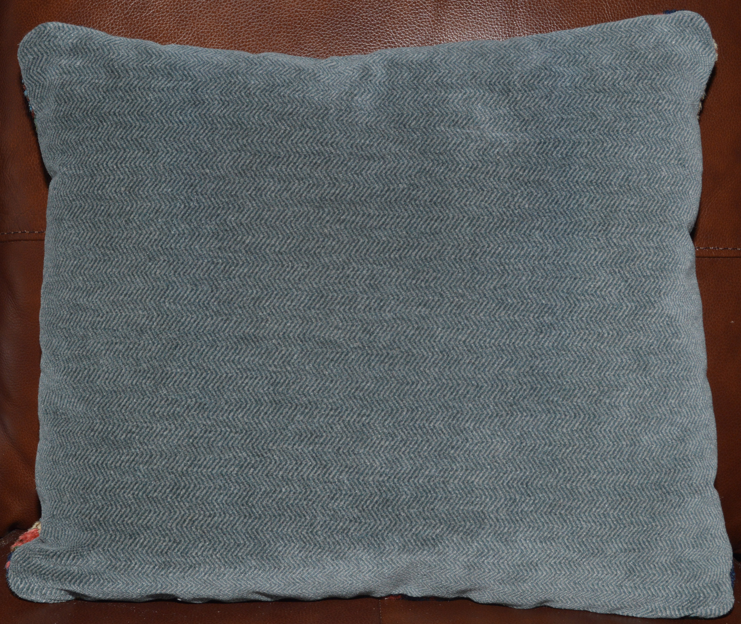 Bluish-grey herringbone velvet backing from an antique Kurdish bag face fragment pillow