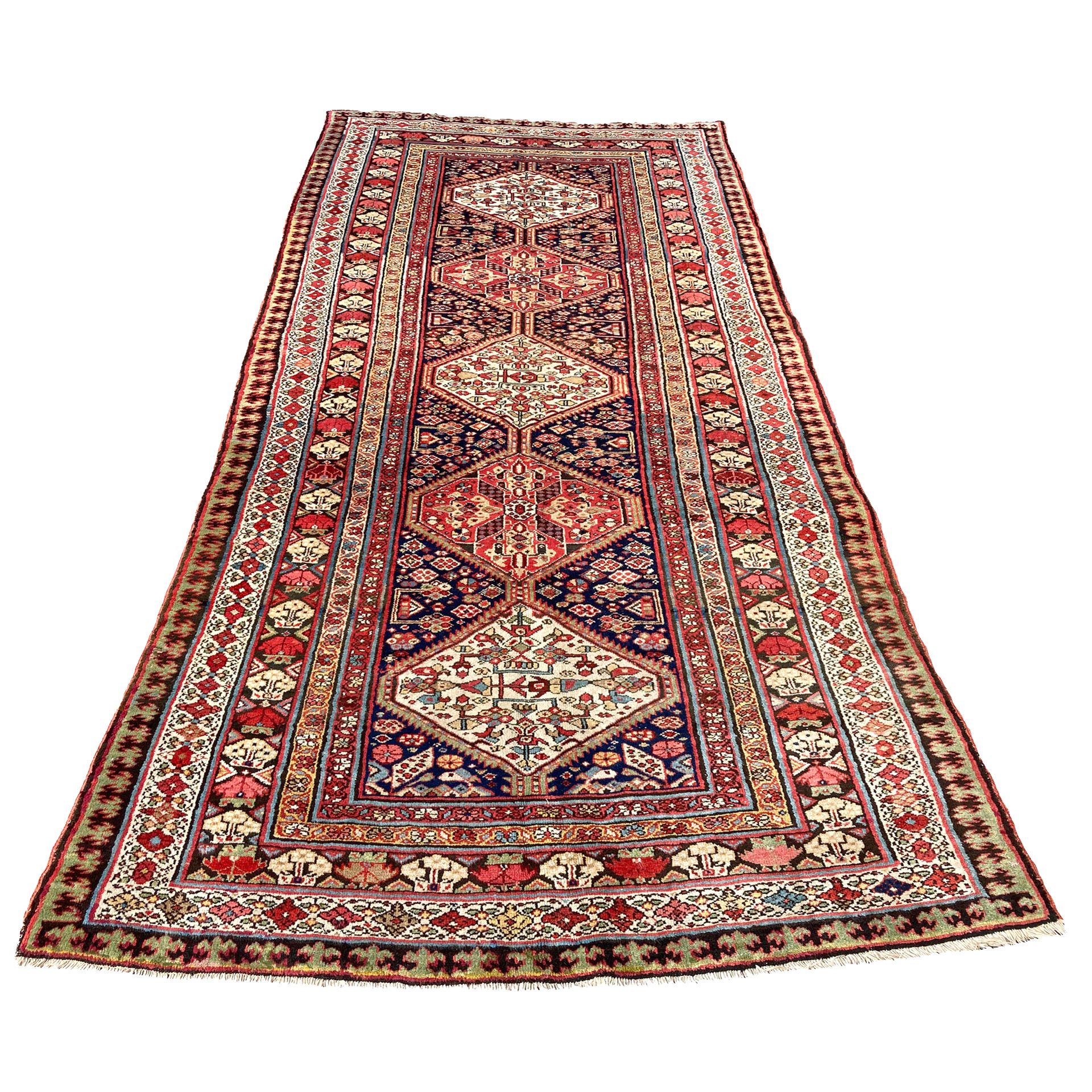 Antique northwest Persian village rug, possibly Serab, with a navy field and a series of bric red and ivory medallions, circa 1895 - Douglas Stock Gallery, antique Oriental rugs, South Natick, Natick, Newton, Brookline, Boston,MA area, antique Persian rugs New England
