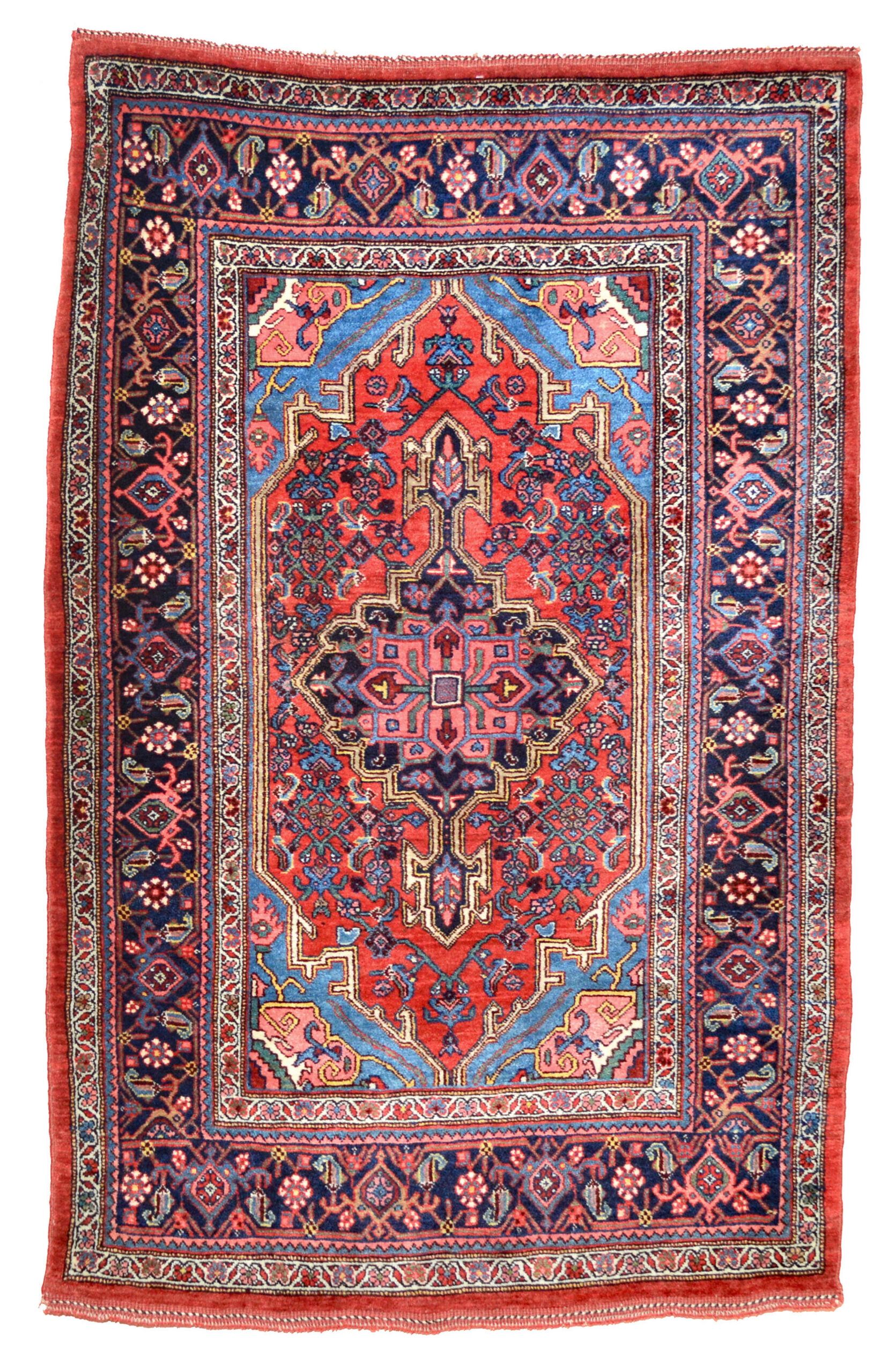Antique northwest Persian Bidjar rug attributed to the village of Gogargin featuring a red, Herati design field with a navy blue medallion, Douglas Stock Gallery, antique Oriental rugs South Natick,MA, convenient to the Boston Back Bay and Beacon Hill, Brookline, Newton, Wellesley, Weston, Oriental rugs Boston area New England