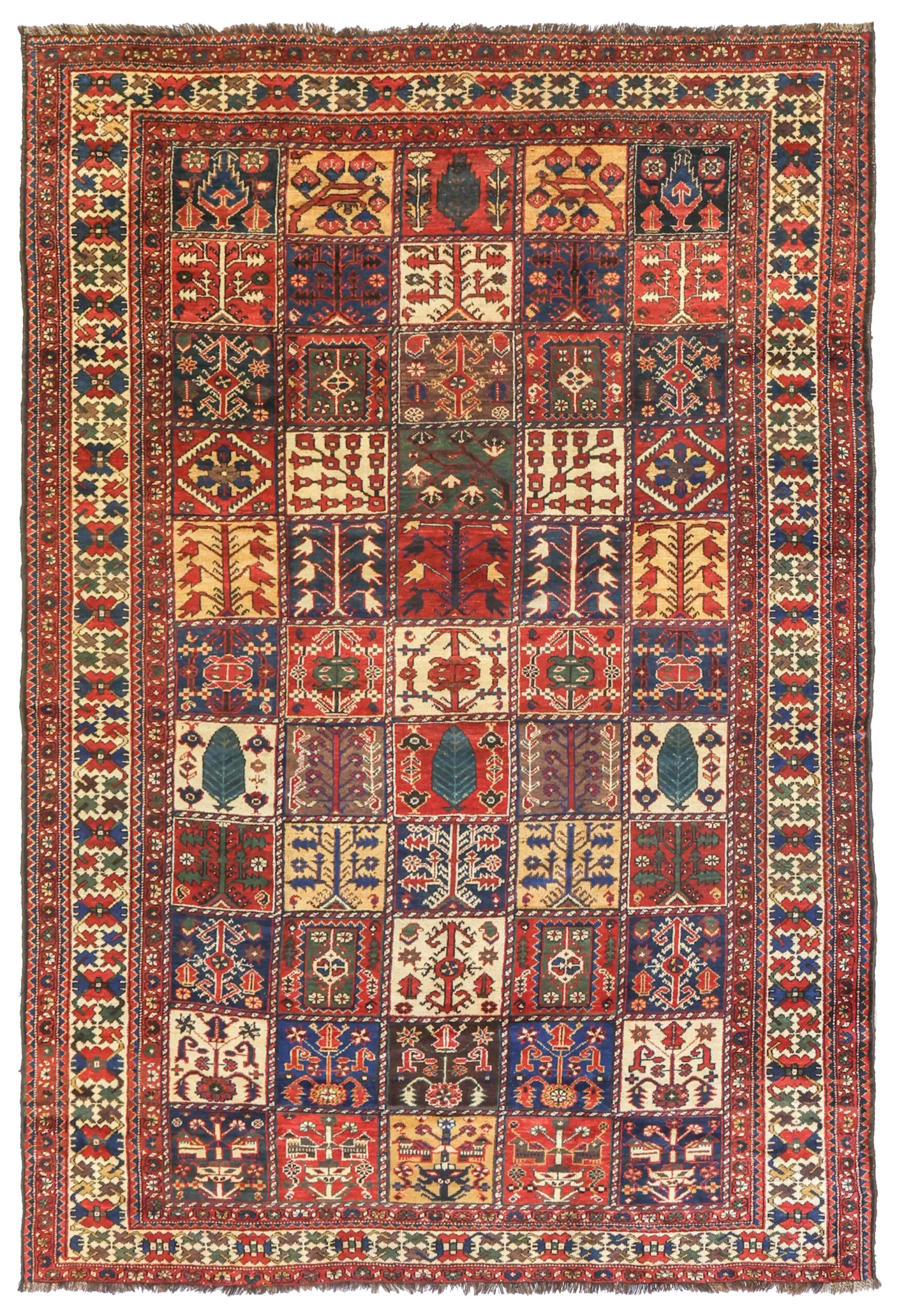 A room size antique Persian Bakhtiari tribal carpet with a Garden Panel design, south Persia, circa 1895. Douglas Stock Gallery offers a selection of antique tribal rugs and too size carpets, antique tribal rugs Boston,MA area, antique rugs South Natick,MA, antique rugs New England, antique rugs New York City by appointment