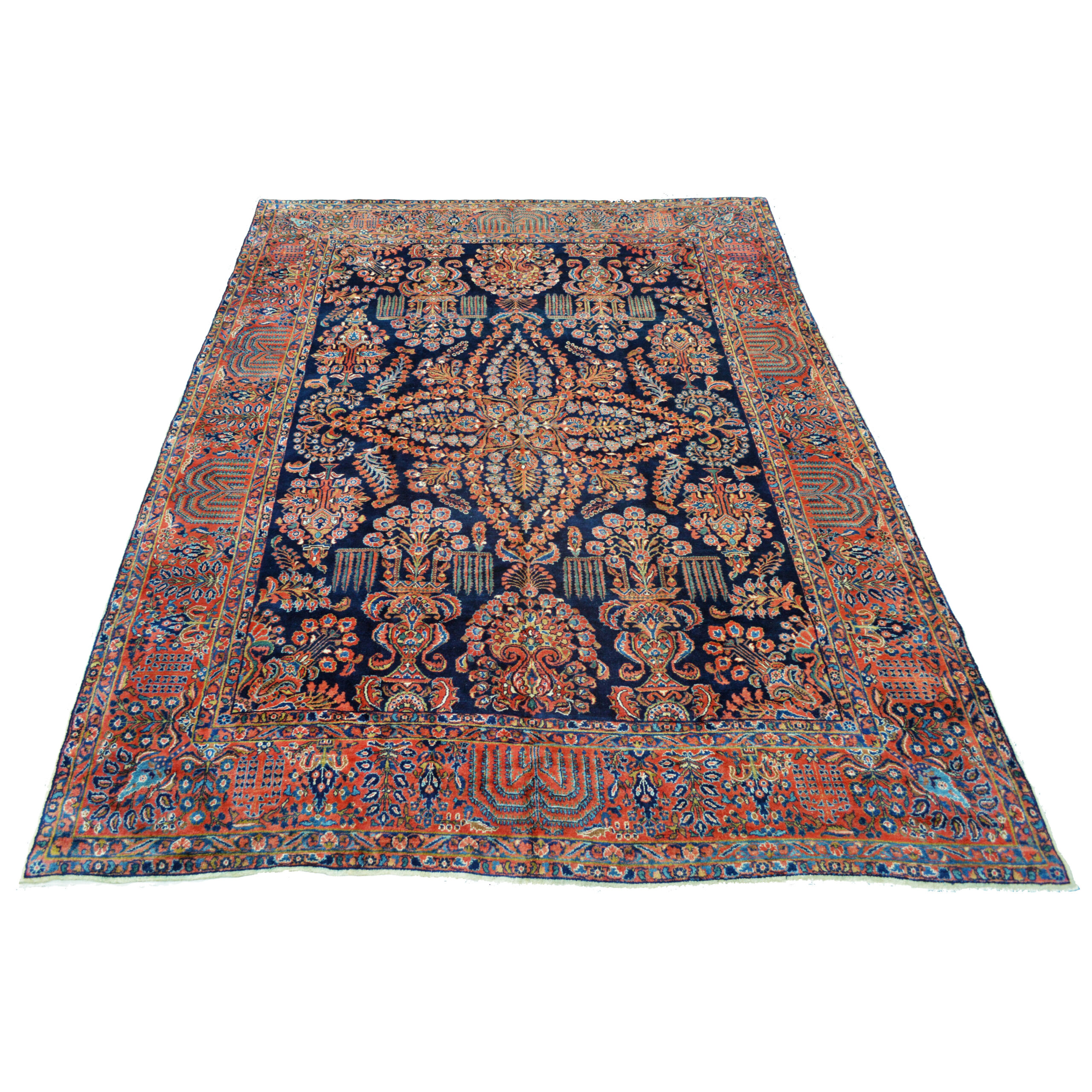 Antique Persian Mahajaran Sarouk carpet with stylized floral decoration on a navy blue field, Douglas Stock Gallery, antique Persian carpets, antique Orienral rugs Boston,MA area, Oriental rugs Brookline, Newton, Wellesley, Dover, Natick,MA area