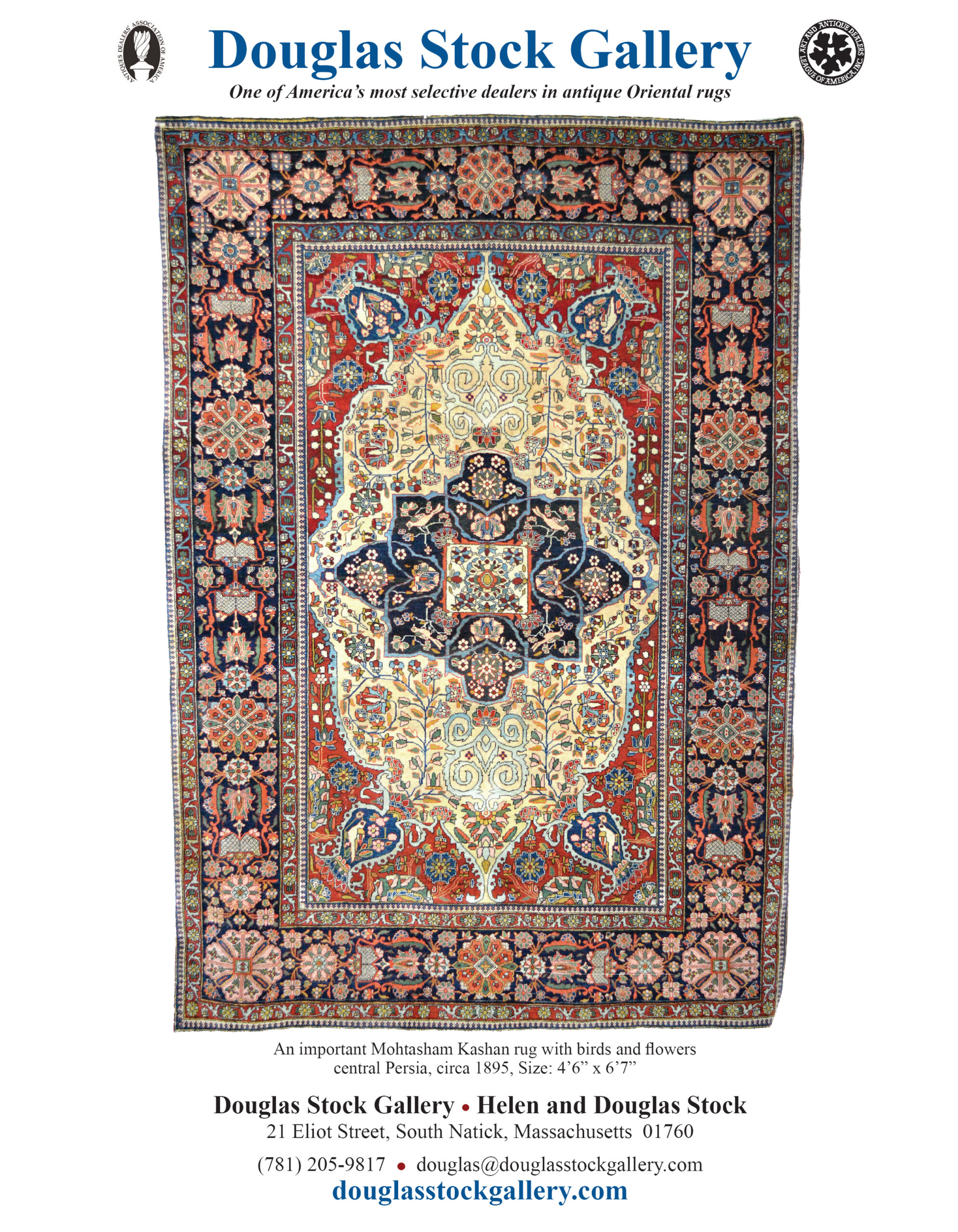 Douglas Stock Gallery Oriental Rugs advertisement in The Magazine Antiques May / June 2022 issue featuring a world class antique Mohtasham Kashan rug, central Persia, late 19th century